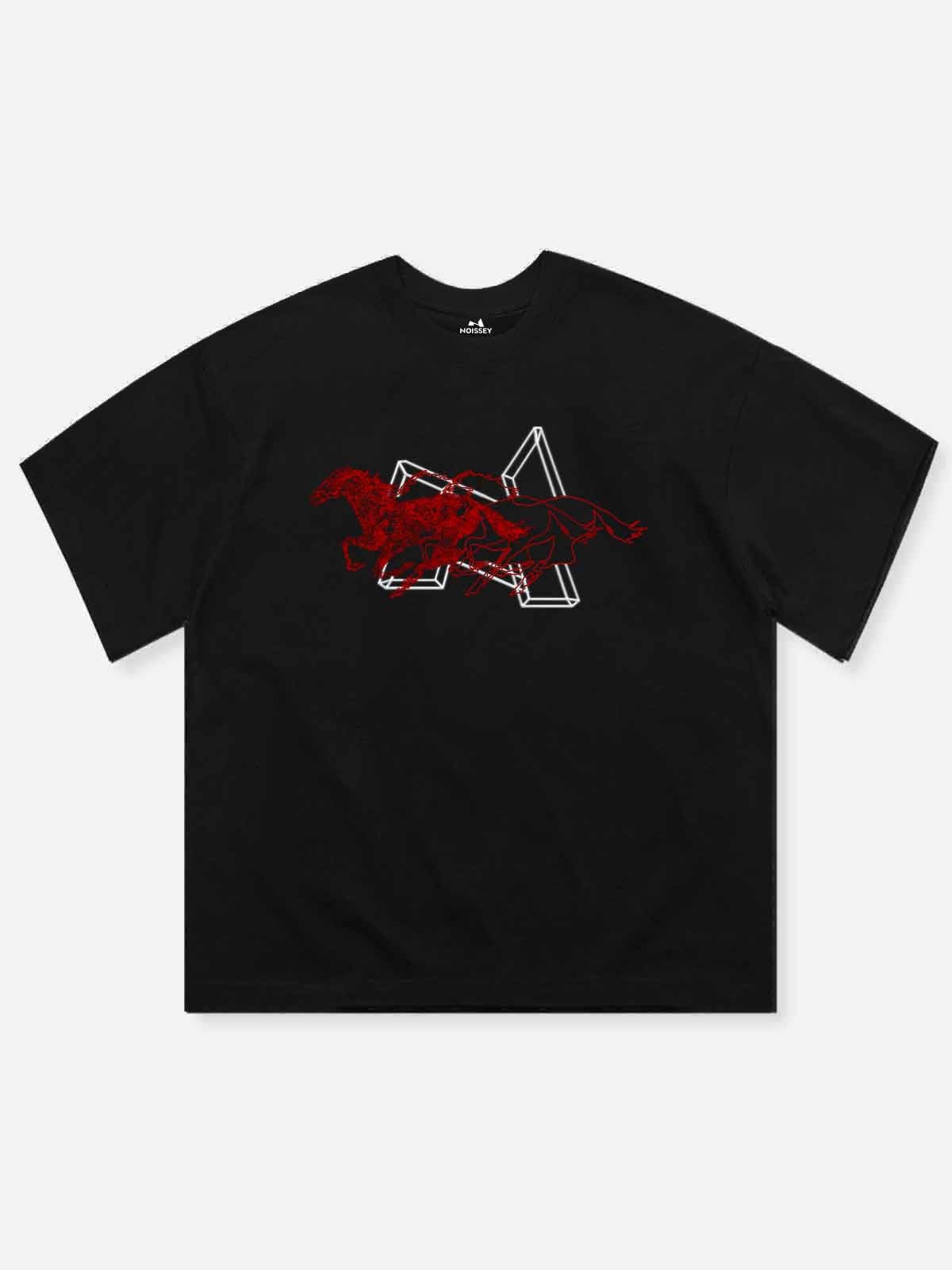 NOISSEY "Chrono Geometry" Overlapping Crimson Outlined Horse Geometric Oversized Tee