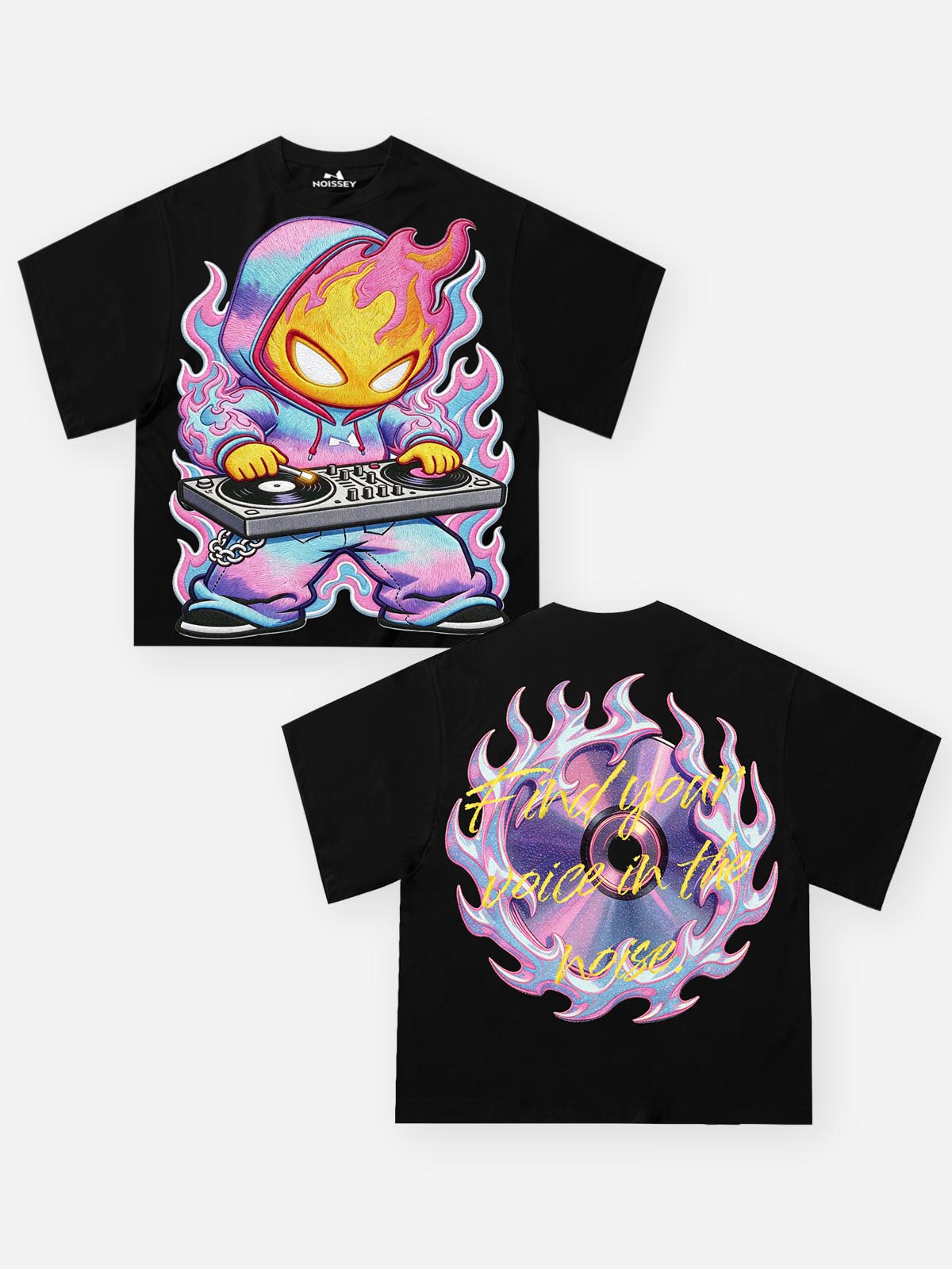 NOISSEY Rainbow Tie-Dye DJ Skater Fire-Boy Street Art Print Short Sleeve T-Shirt - Black