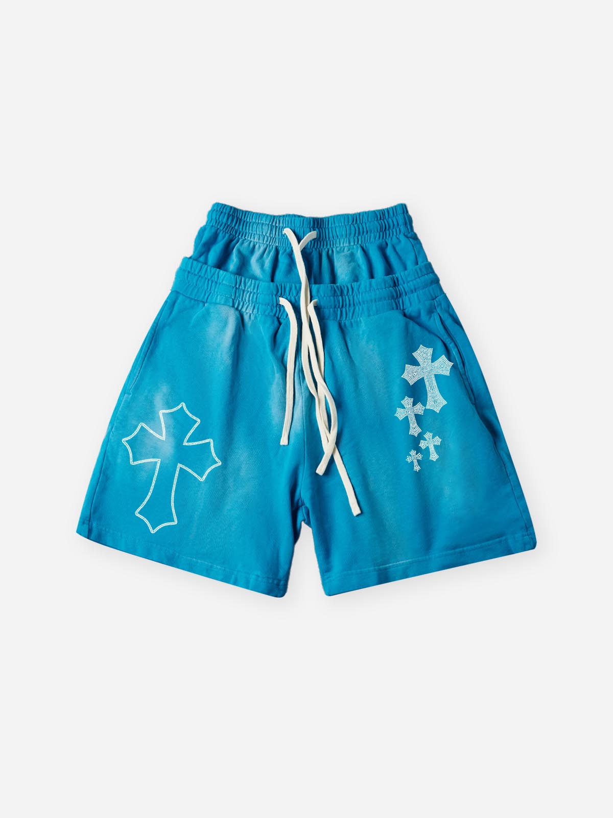NOISSEY Heavy Sweat Shorts with Rhinestone Gothic Cross - 4 Colors Available