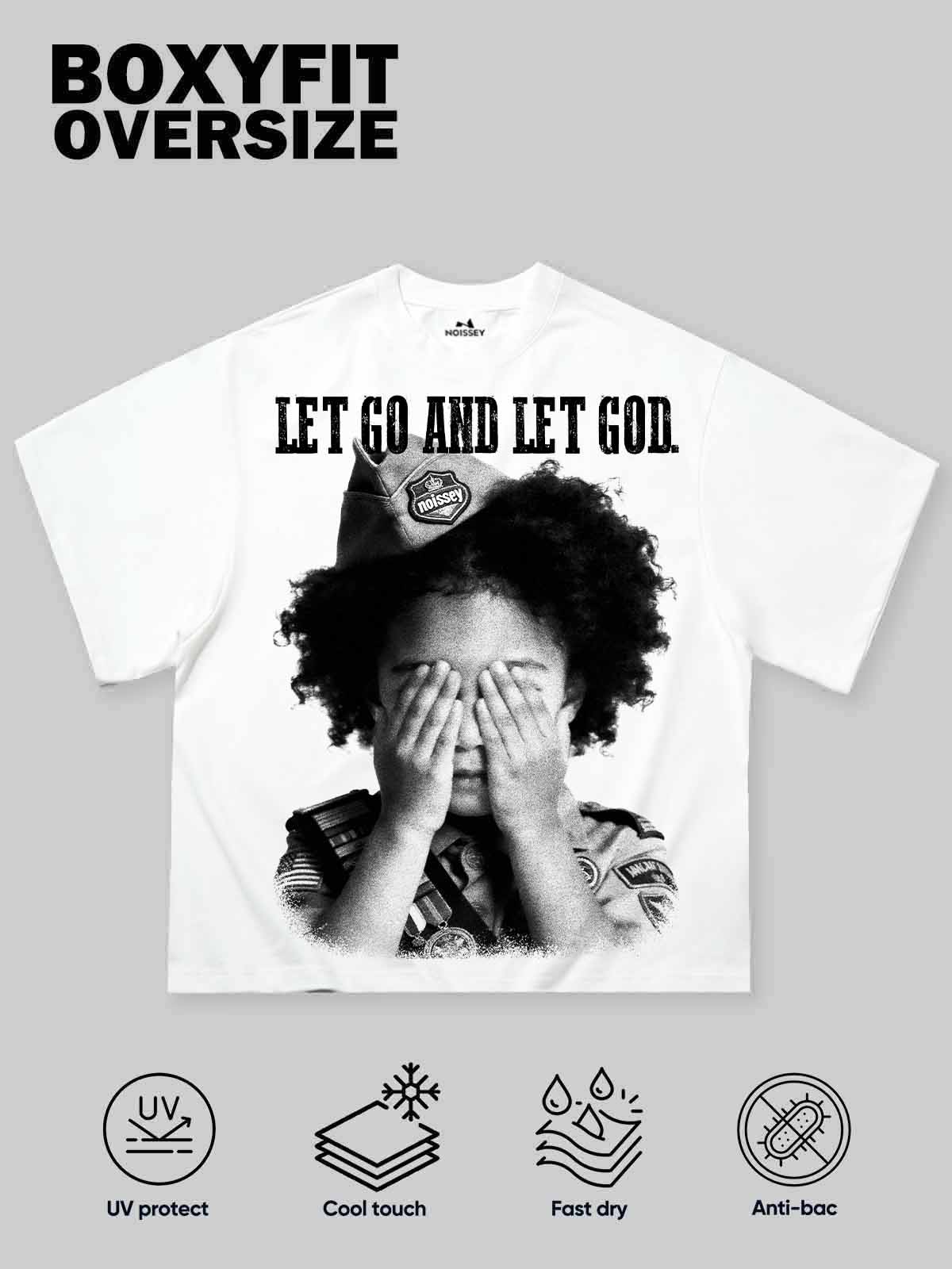 "Let Go and Let God." NOISSEY Boxy Oversized Graphic Tee – Vintage White