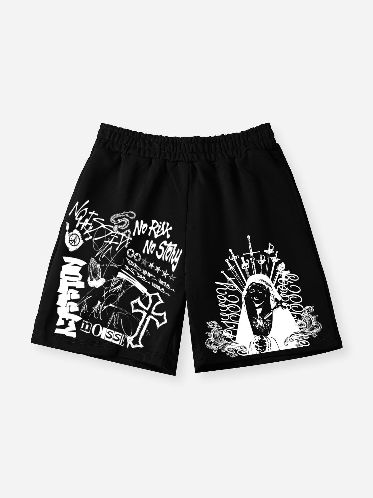 NOISSEY "SACRED RISK" RELIGIOUS GRAFFITI OVERSIZED SWEAT SHORTS
