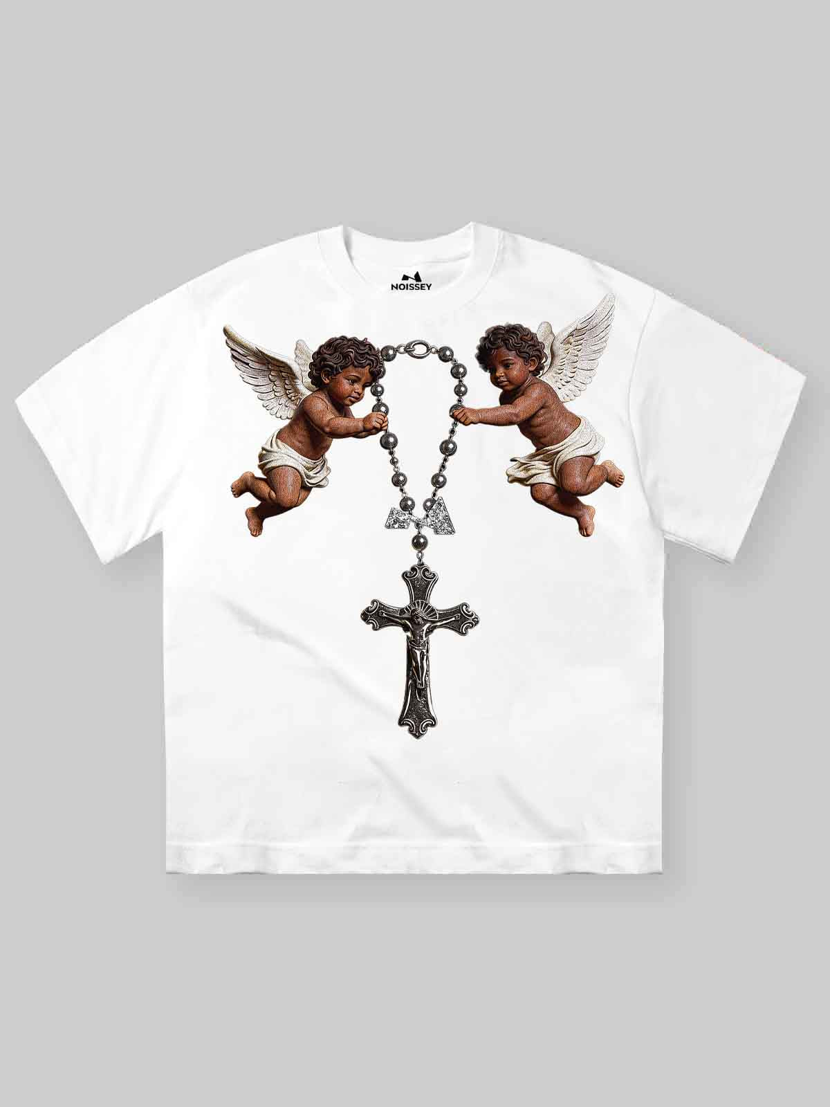 NOISSEY "Cherub Divine Faith" Vintage Angel Art Print Heavyweight T-Shirt - Pure White
