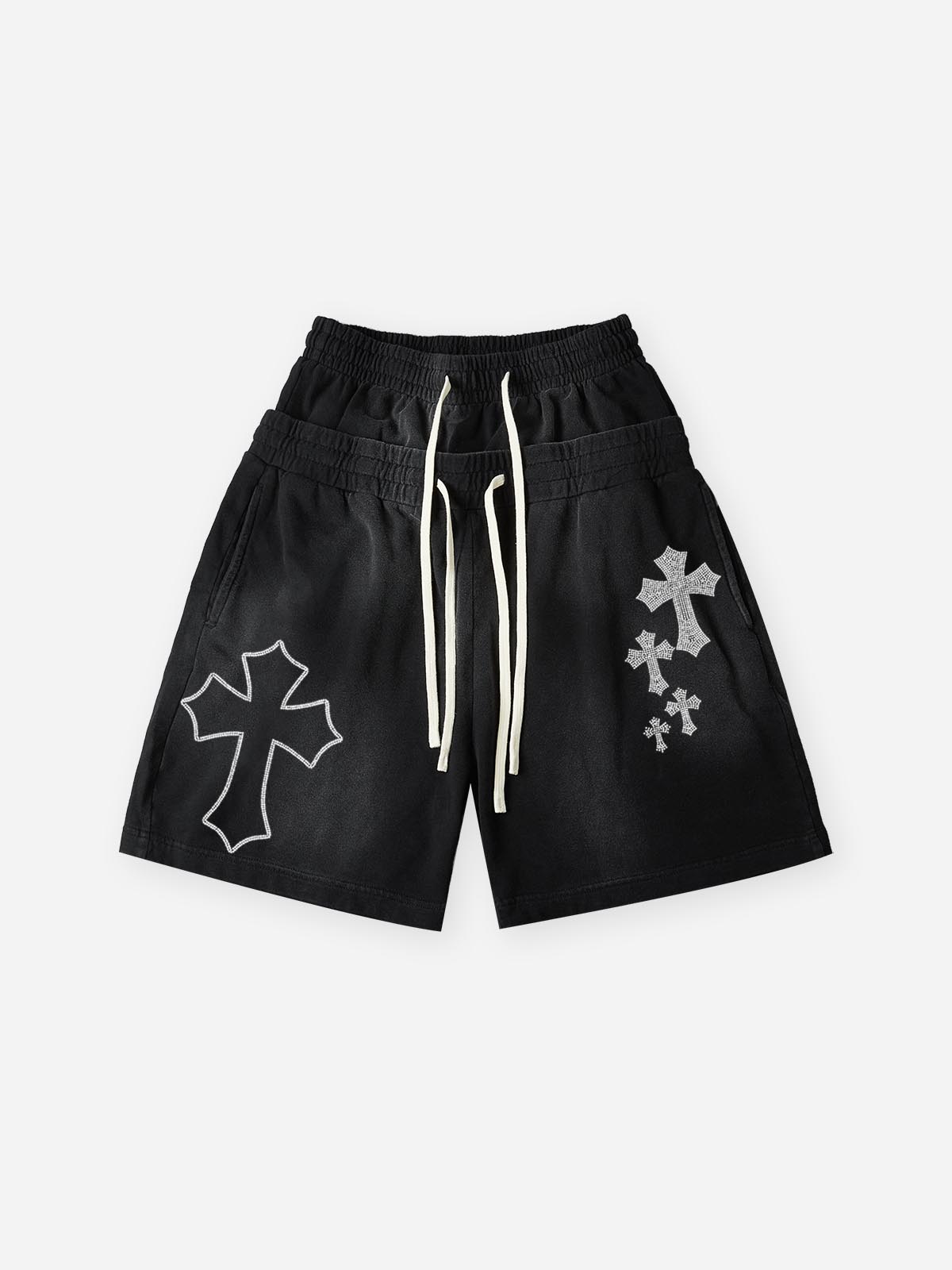NOISSEY Heavy Sweat Shorts with Rhinestone Gothic Cross - 4 Colors Available