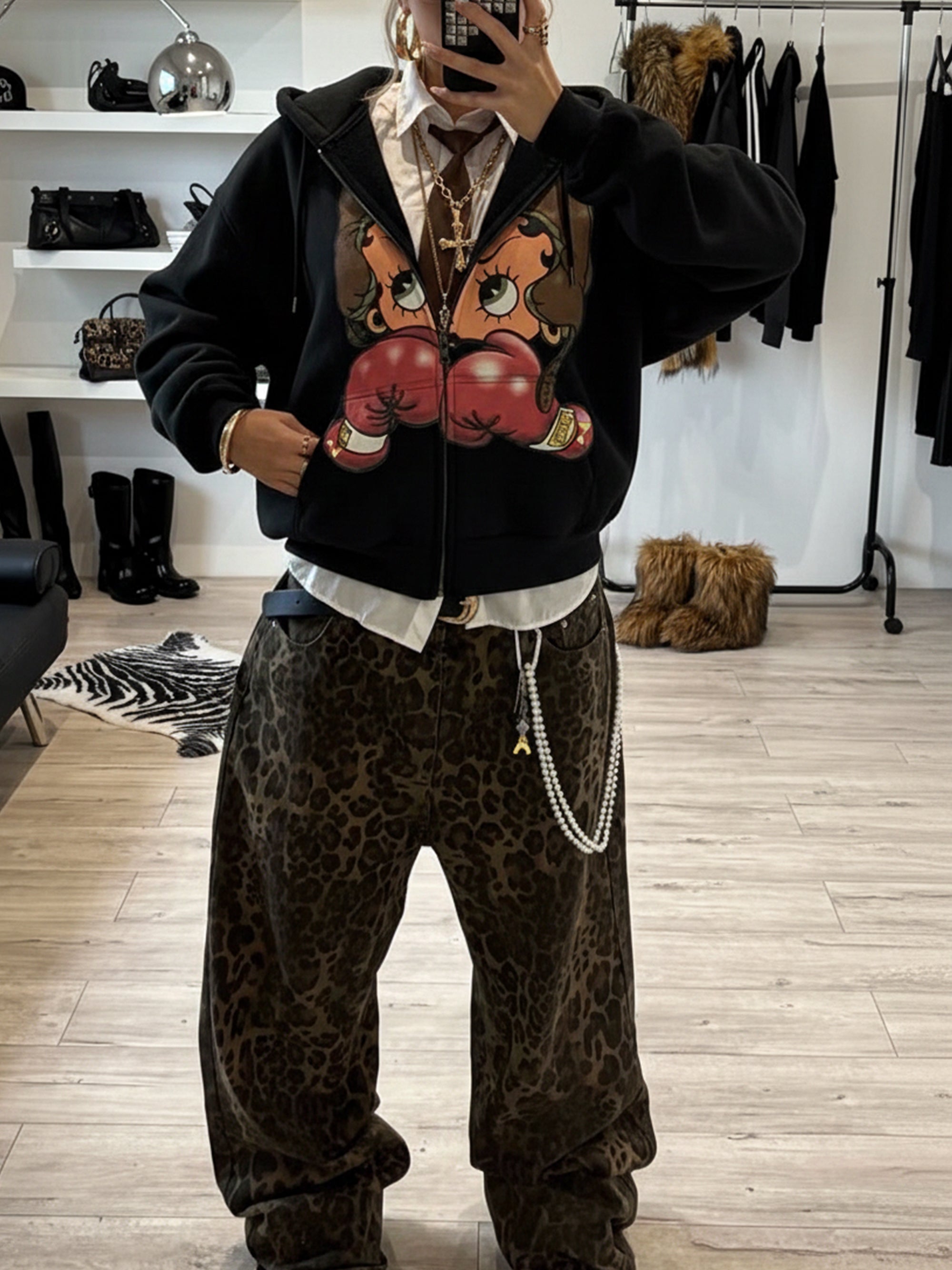 Vintage Betty Boop Boxing Graphic Hoodie - Y2K Aesthetic Boxy Zip-Up