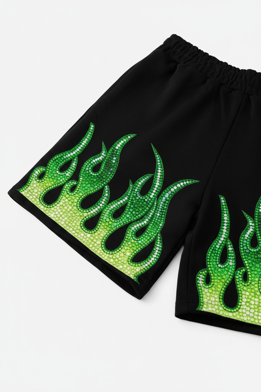 NOISSEY "VENOM-FLAME" Green Artwork Wide-Leg Shorts - Onyx Black Heavyweight Shorts