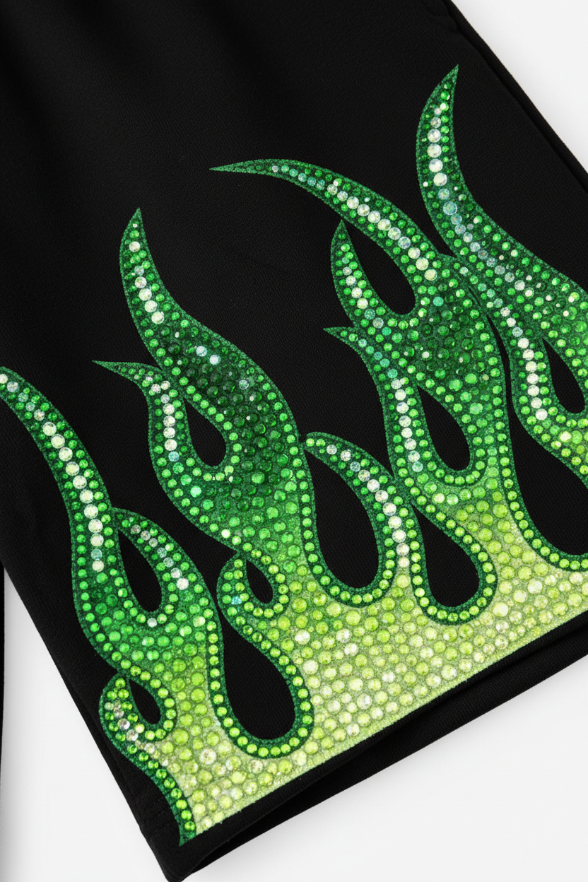 NOISSEY "VENOM-FLAME" Green Artwork Wide-Leg Shorts - Onyx Black Heavyweight Shorts