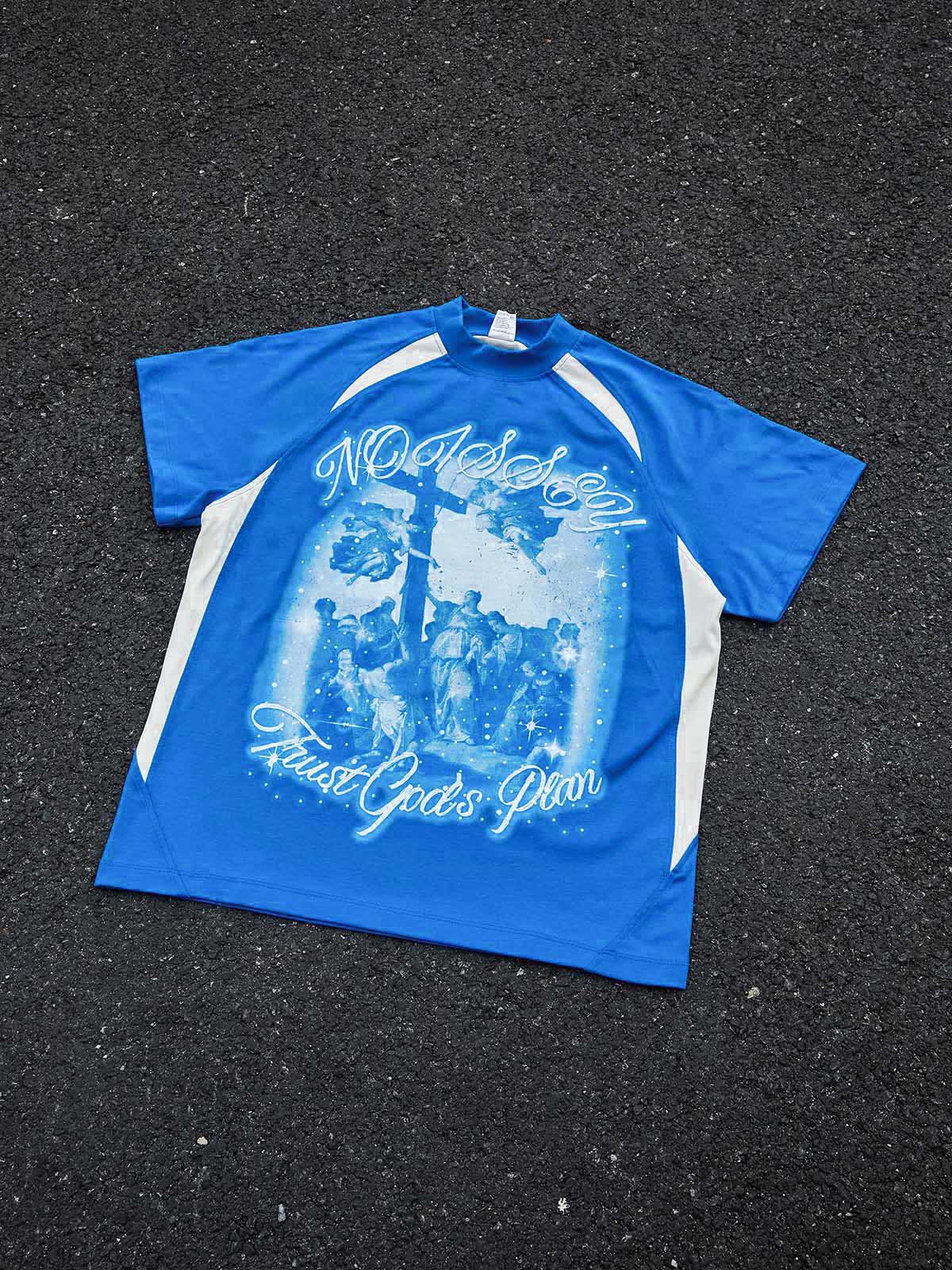 "TRUST GOD’S PLAN" CYANOTYPE SHIMMER TEE – VINTAGE BLUE OVERSIZED STREETWEAR