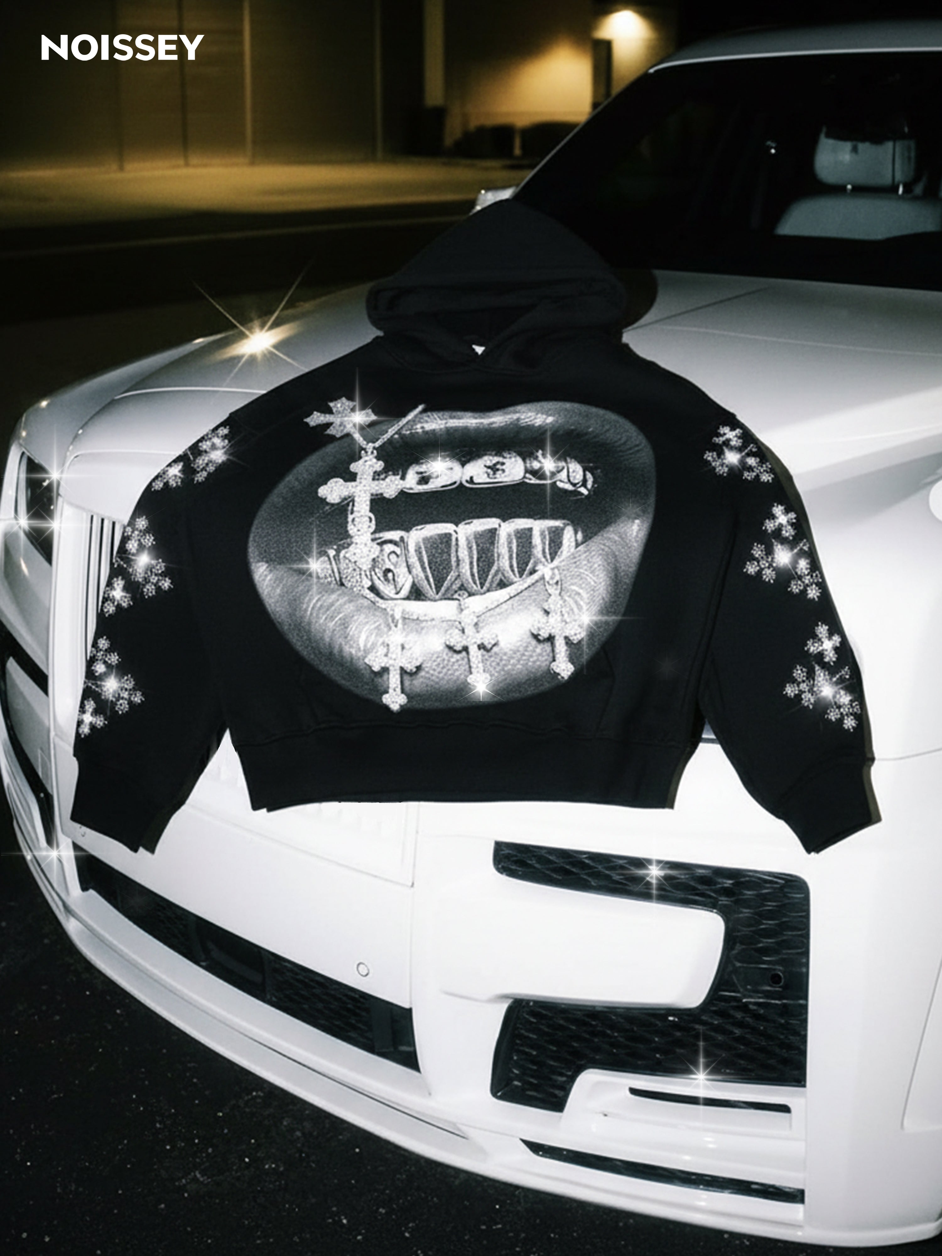 NOISSEY Cross Grillz Rhinestone Sleeve Thermal Hoodie