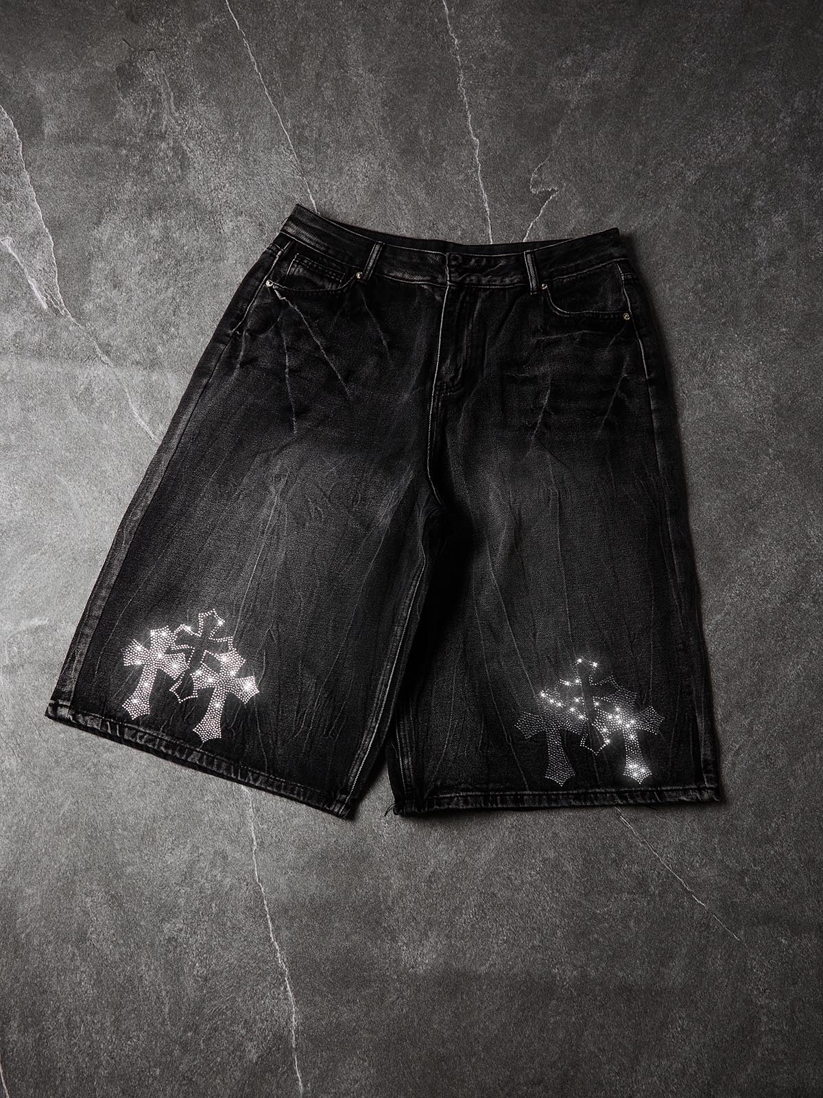 NOISSEY Rhinestone Gothic Cross Washed Denim Shorts - Black