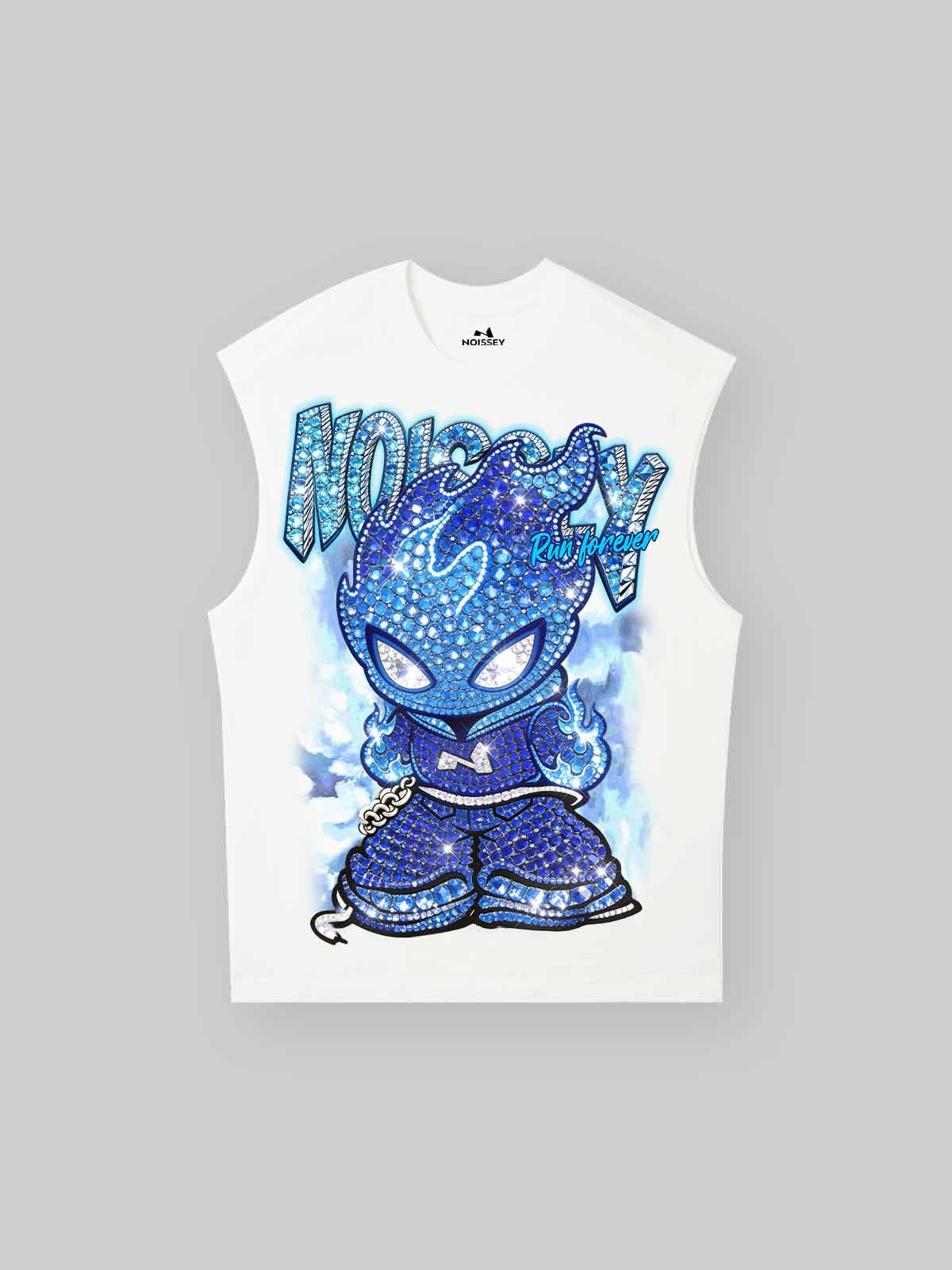 NOISSEY "Blue Ice Flame" Iced-Out Character Tank Top - Heavyweight White