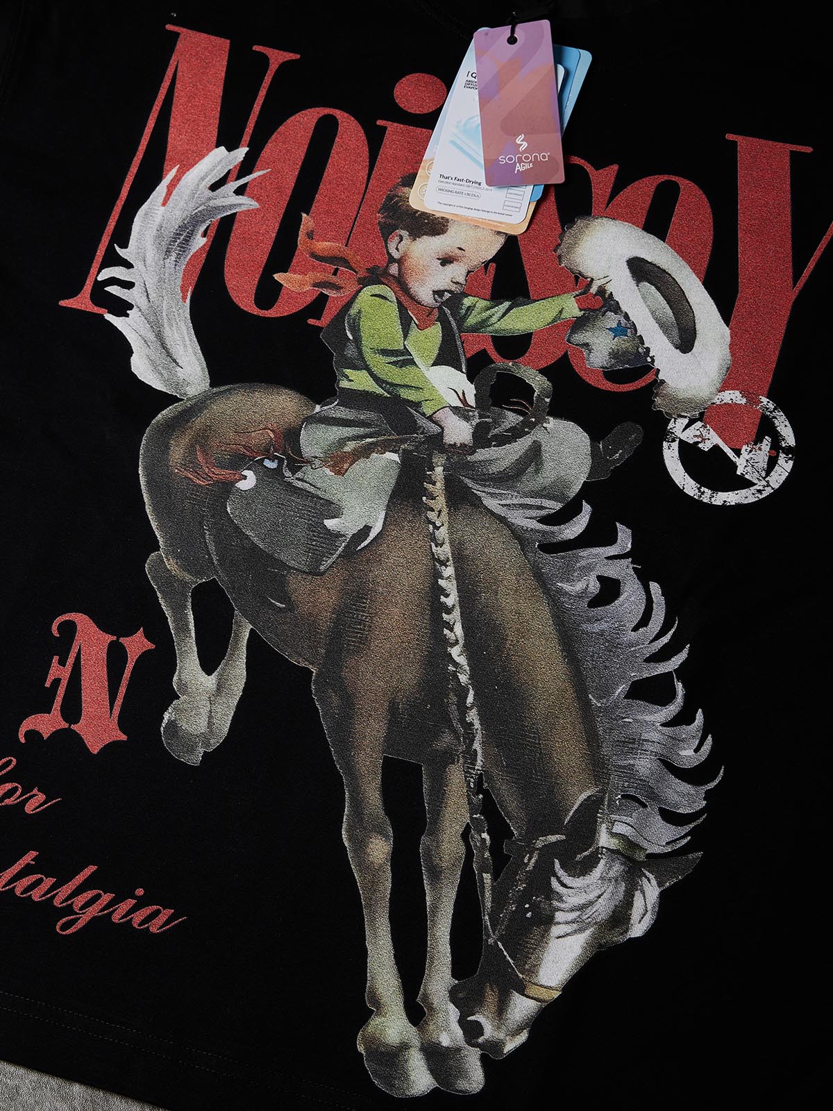 NOISSEY "Cowboy Vintage" Nostalgic Illustration Tee - Black 255G Heavyweight Boxy Oversized Fit