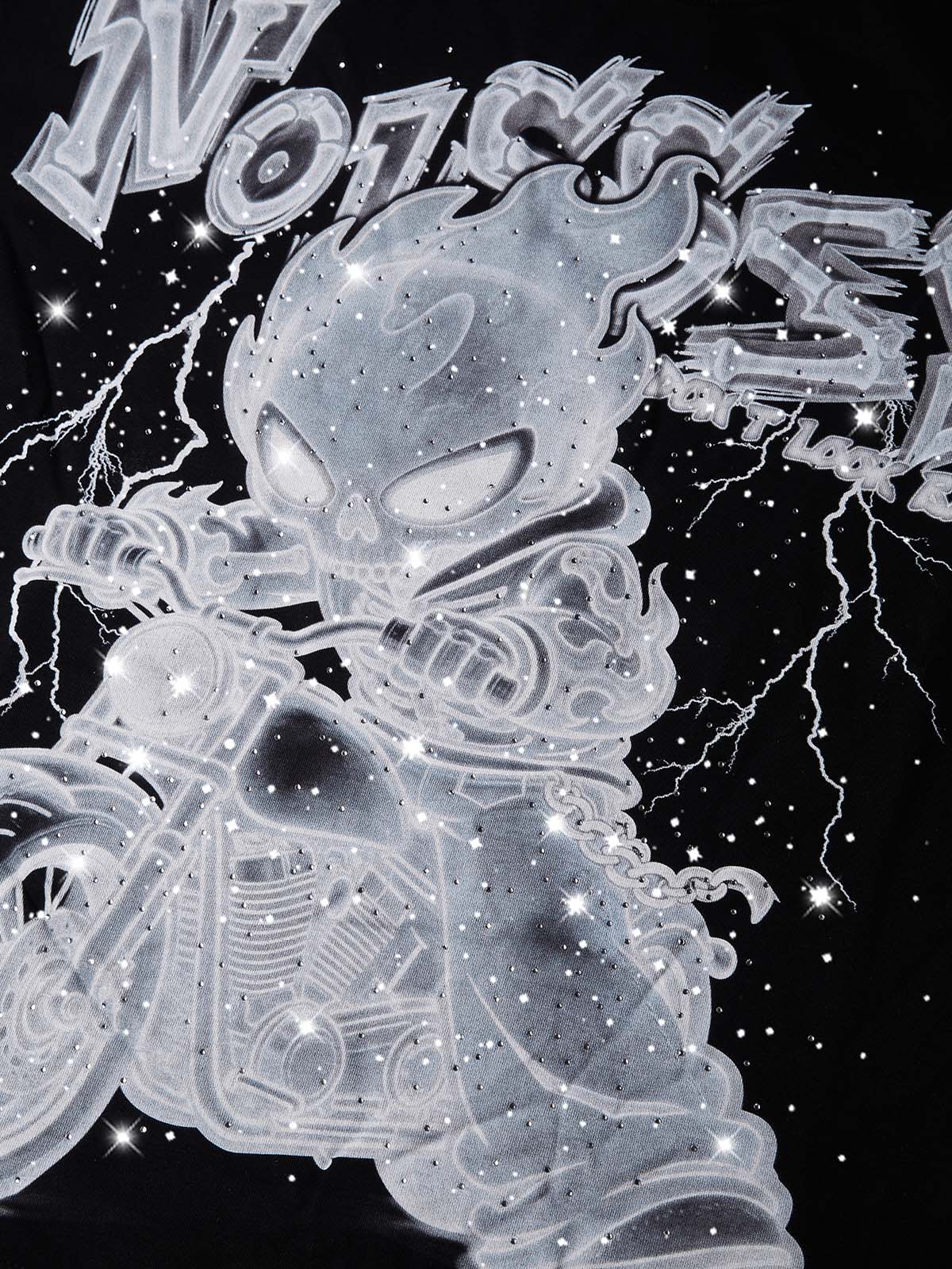 NOISSEY "X-Ray Phantom Rider" Black Tee - Boxy Heavyweight Hot-Fix Rhinestone Crafted T-Shirt