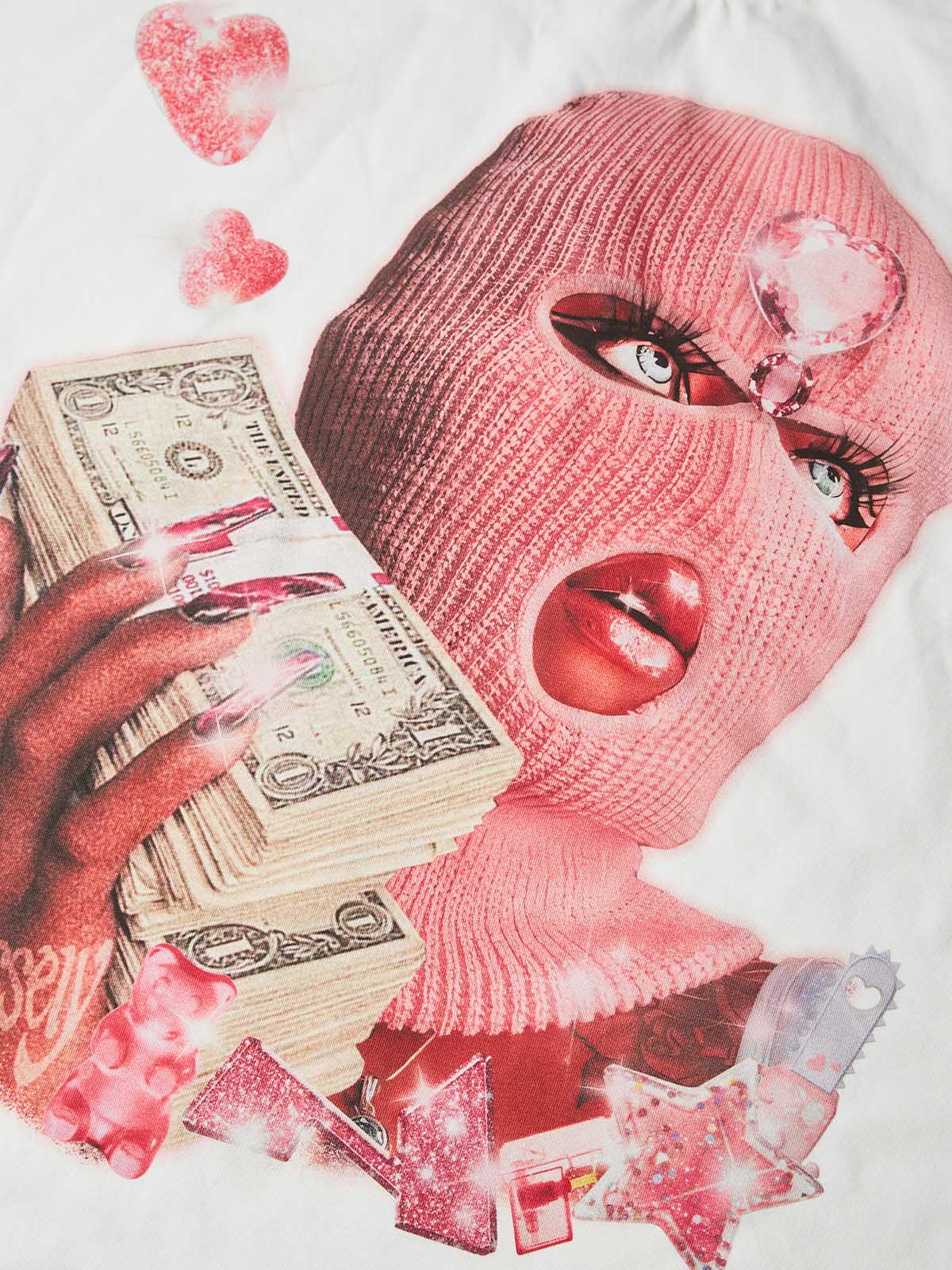 NOISSEY "Balaclava Pink Trap Girl" Tee - Clean White 255G Heavyweight Boxy Oversized Money Graphic T-Shirt