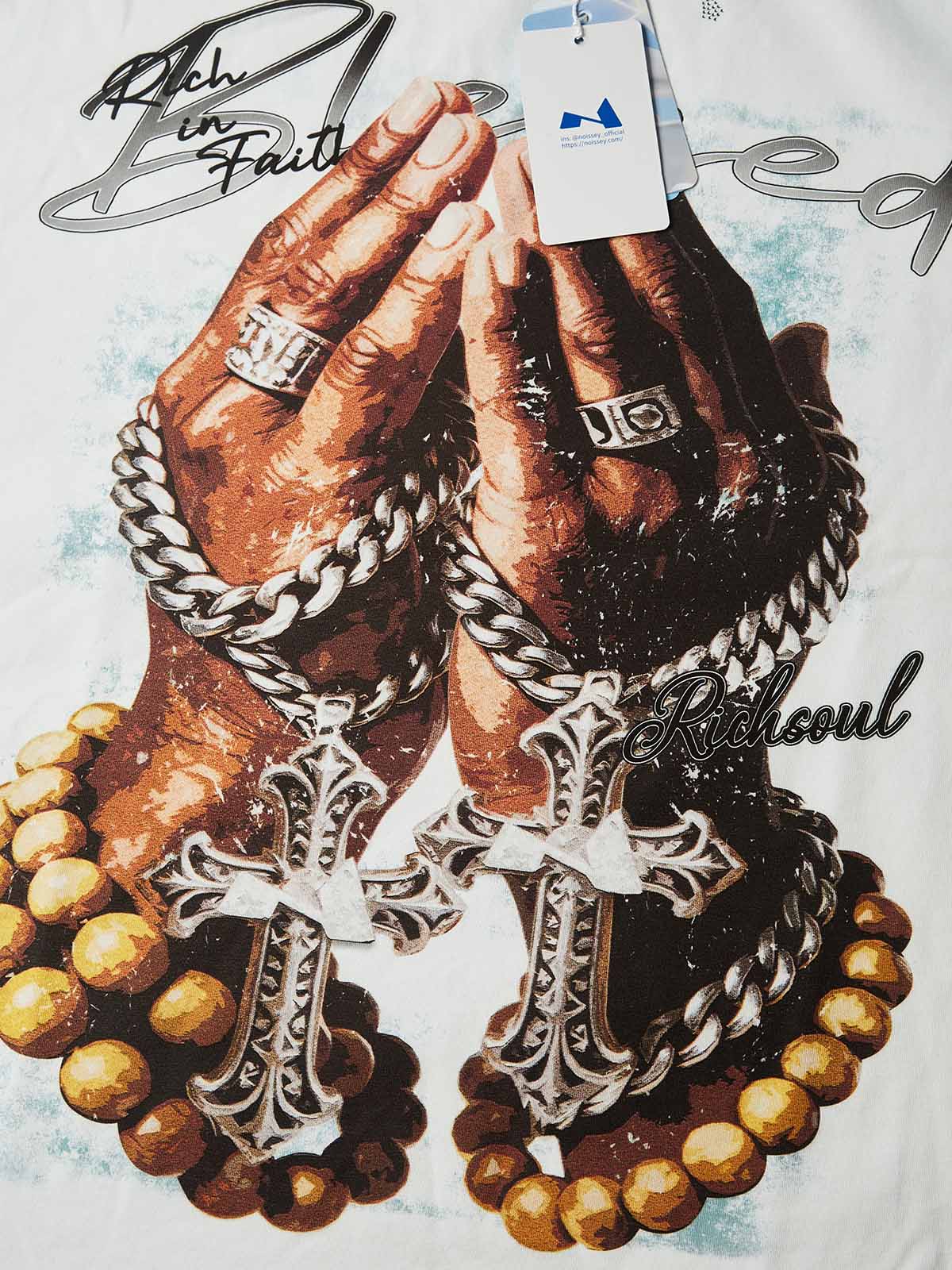 NOISSEY "Blessed Rich Soul" Praying Hands & Rosary Graphic DIY Rhinestone T-Shirt
