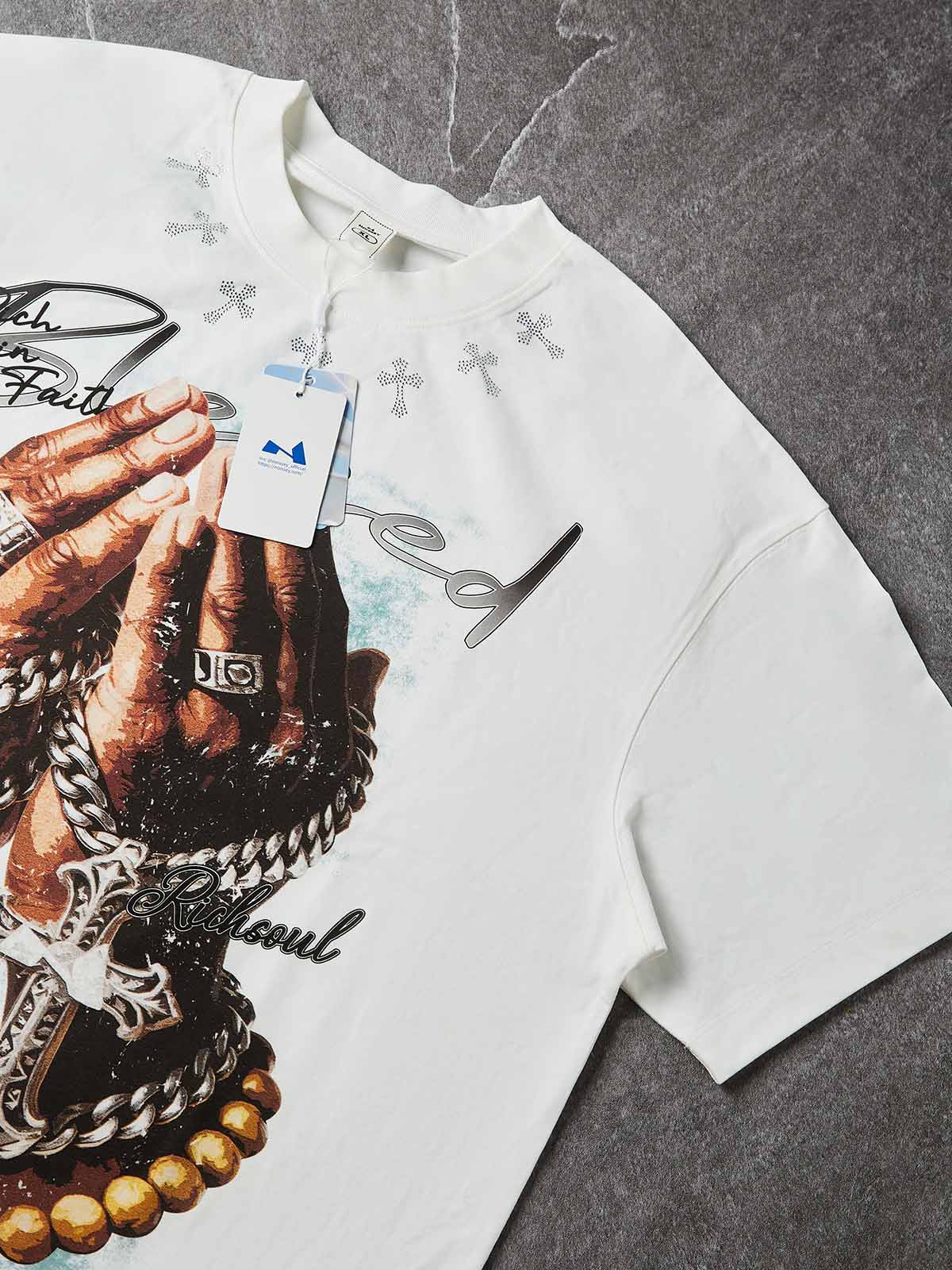 NOISSEY "Blessed Rich Soul" Praying Hands & Rosary Graphic DIY Rhinestone T-Shirt