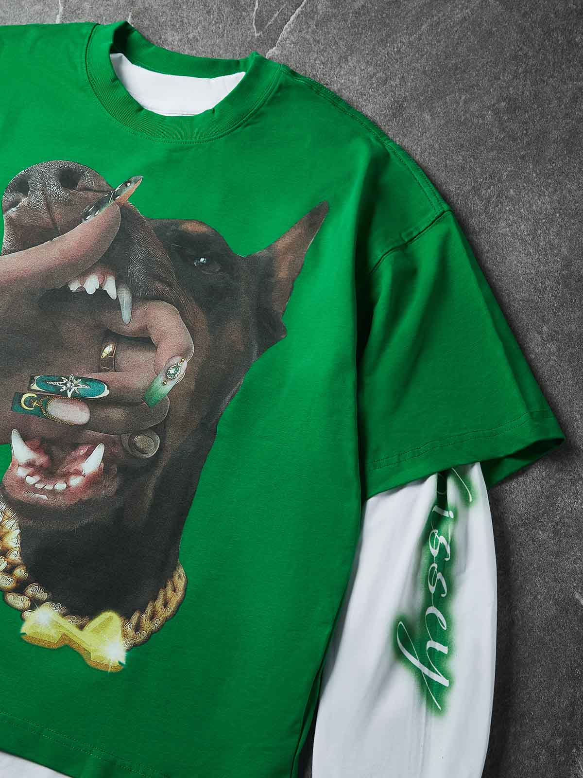 NOISSEY "Cyber Doberman" Double-Sleeve Graphic Sweatshirt - Vibrant Green