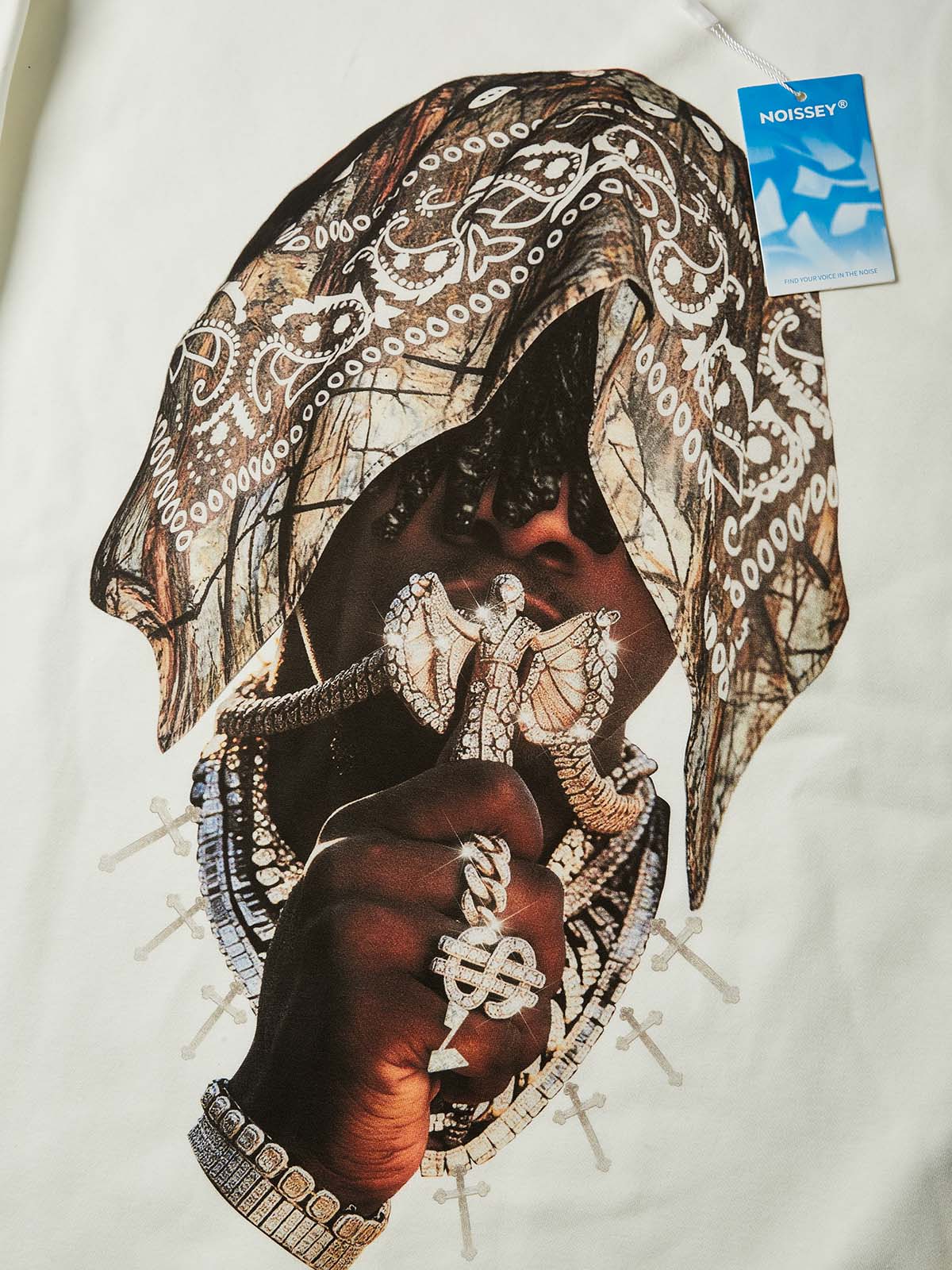 NOISSEY "Underground Vibe" Camo Panel Rap Graphic Sweatshirt - Off-White