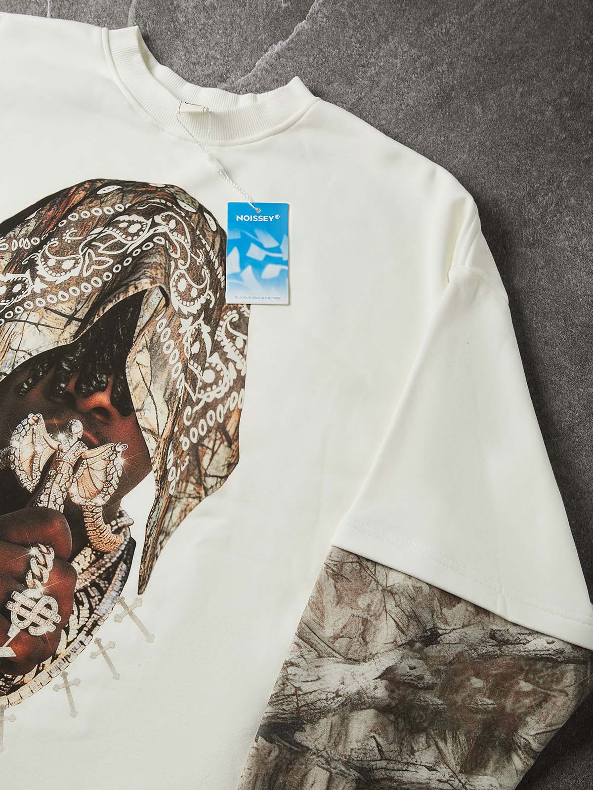 NOISSEY "Underground Vibe" Camo Panel Rap Graphic Sweatshirt - Off-White