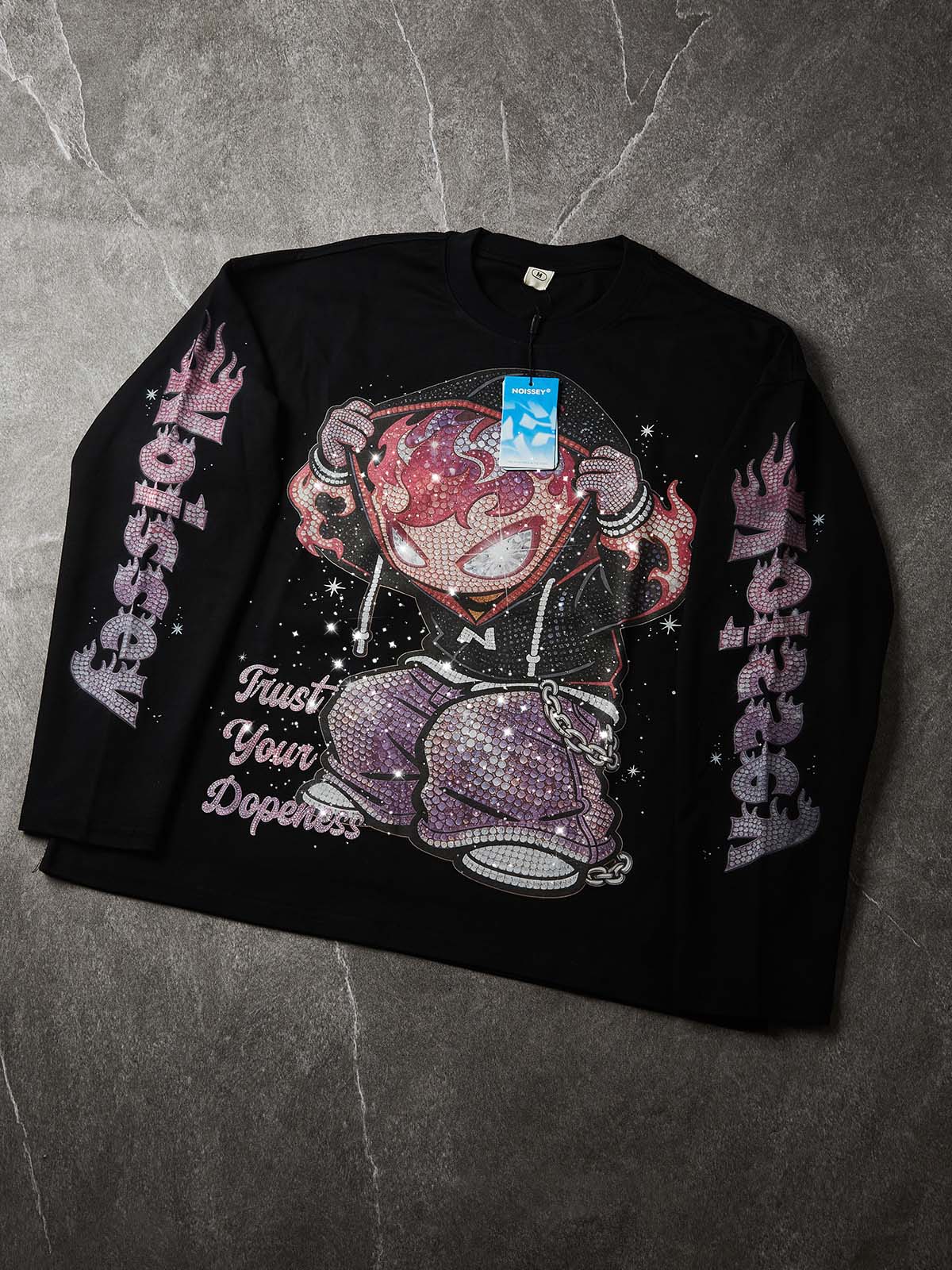 NOISSEY "Flame Kid" Pink-Purple Full-Rhinestone Long Sleeve - Heavyweight Black