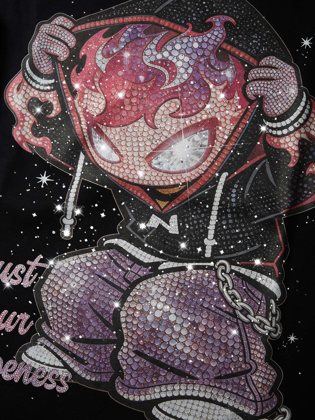 NOISSEY "Flame Kid" Pink-Purple Full-Rhinestone Long Sleeve - Heavyweight Black