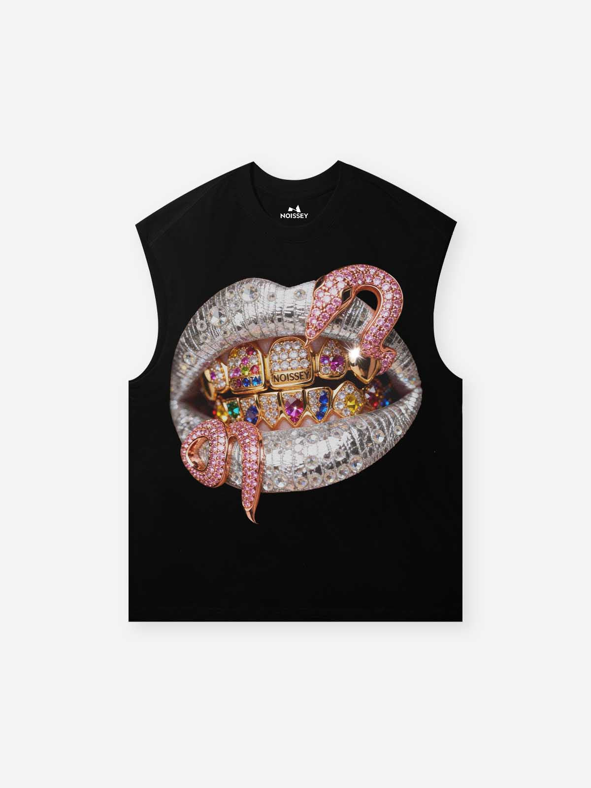 NOISSEY "Pink Snake Lips" Graphic Tank Top - Heavyweight Oversize Black
