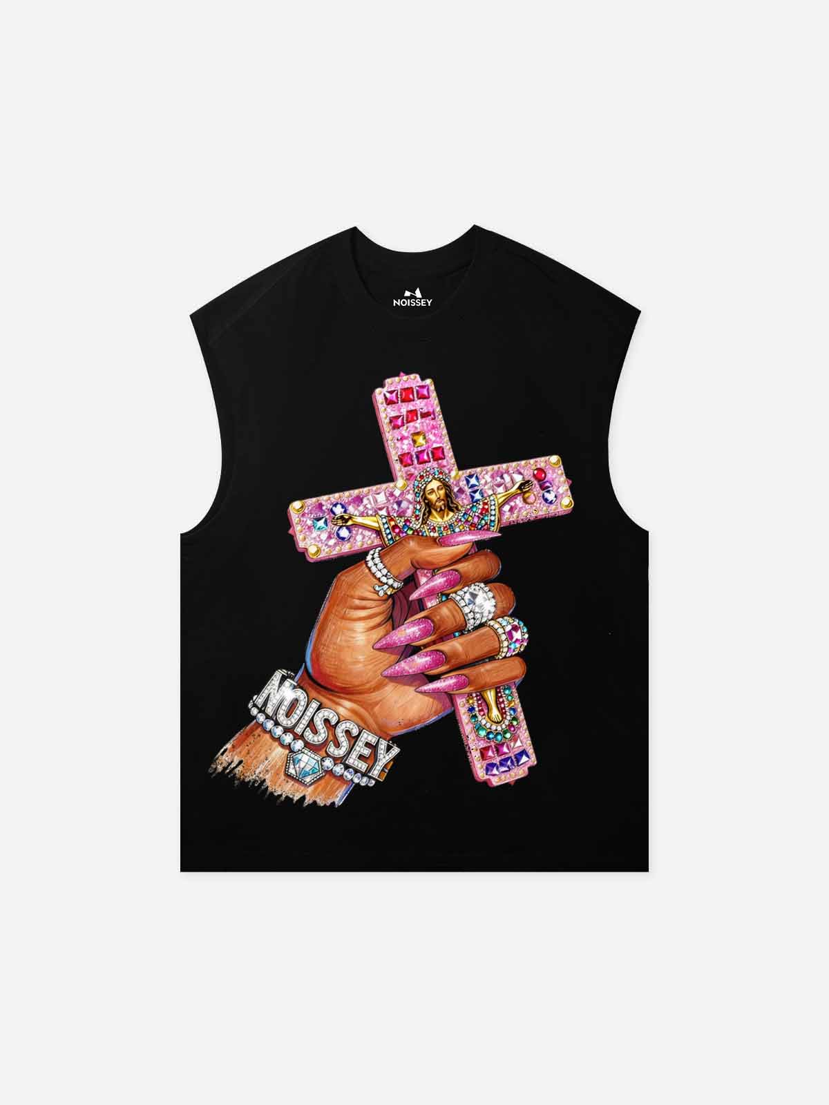 NOISSEY "Gothic Cross" Black Vest - Boxy Graffiti Graphic Tank Top