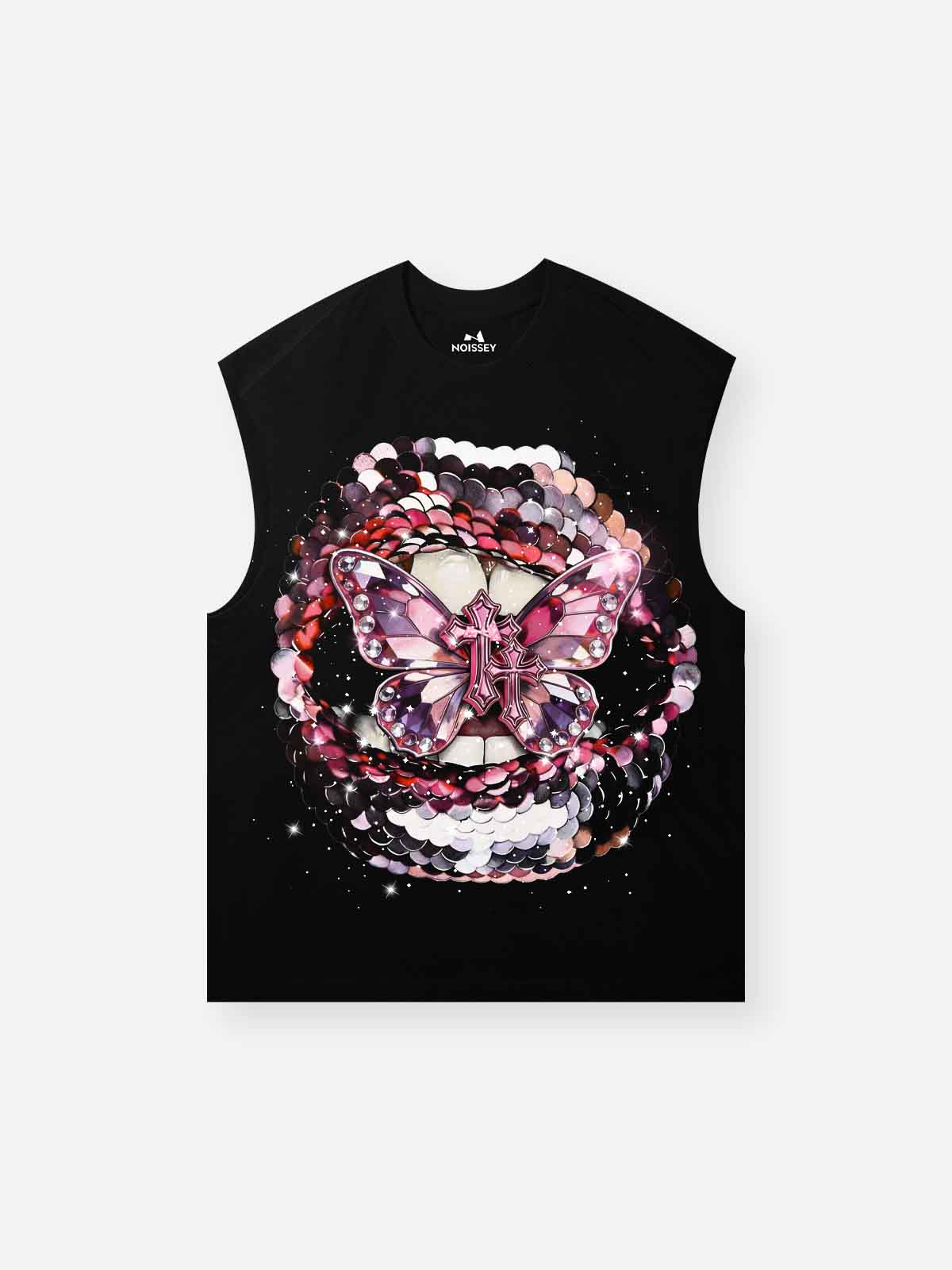 NOISSEY "Pink Butterfly" Black Vest - Boxy Lip Diamond Tank