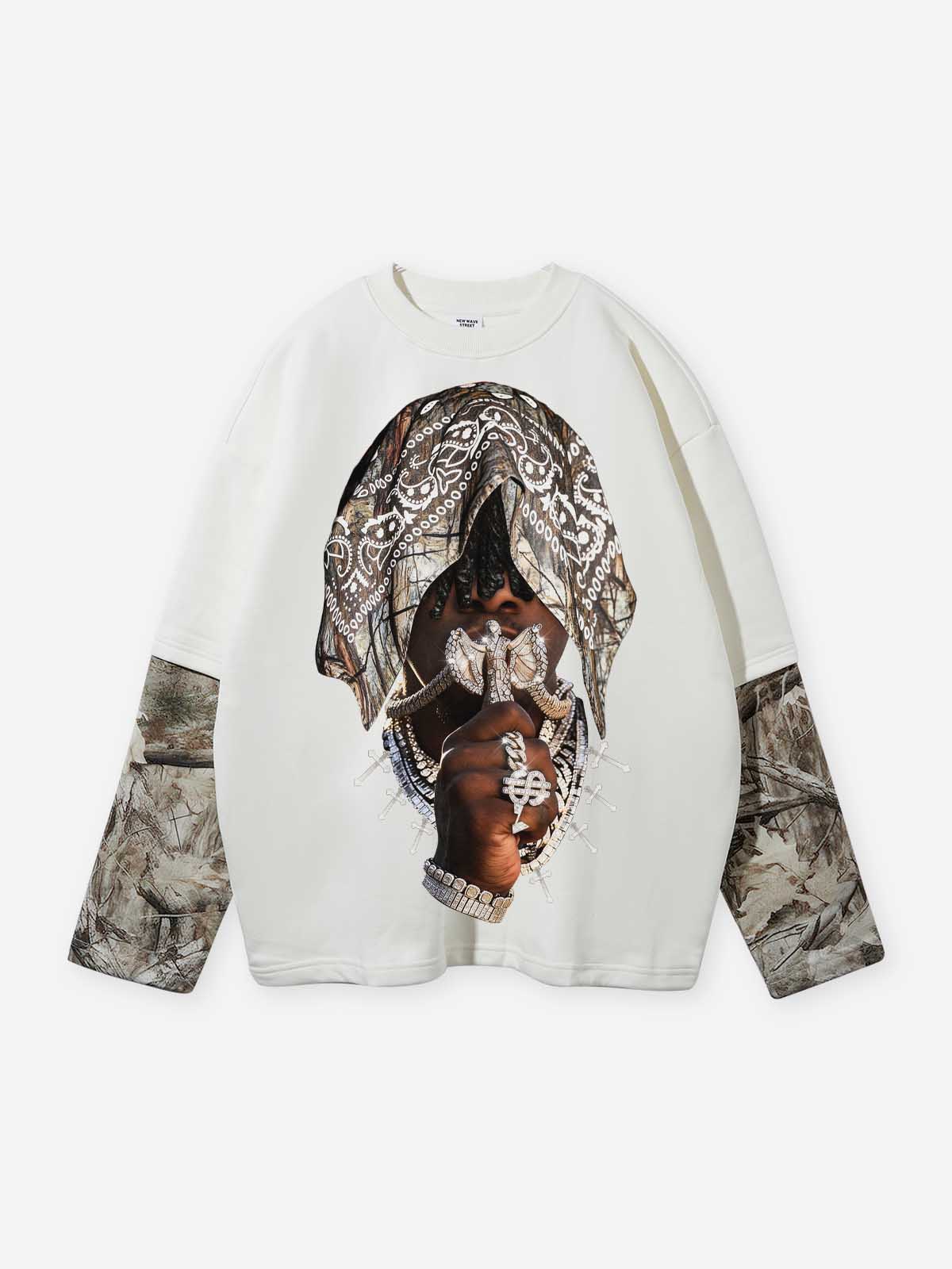 NOISSEY "Underground Vibe" Camo Panel Rap Graphic Sweatshirt - Off-White