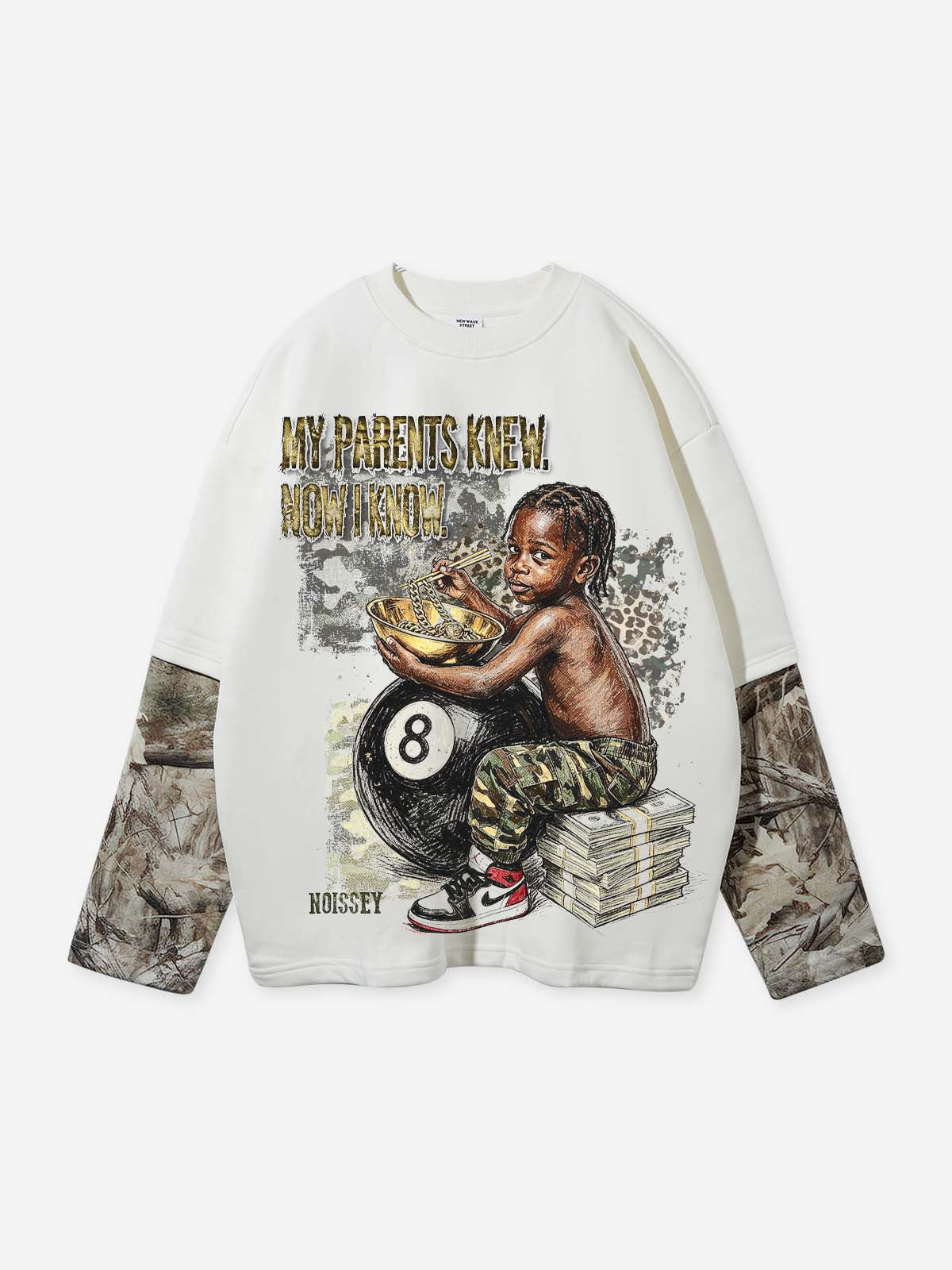 NOISSEY "Legacy Knowledge" Woodland Camo Layered Child Portrait Heavyweight Sweatshirt