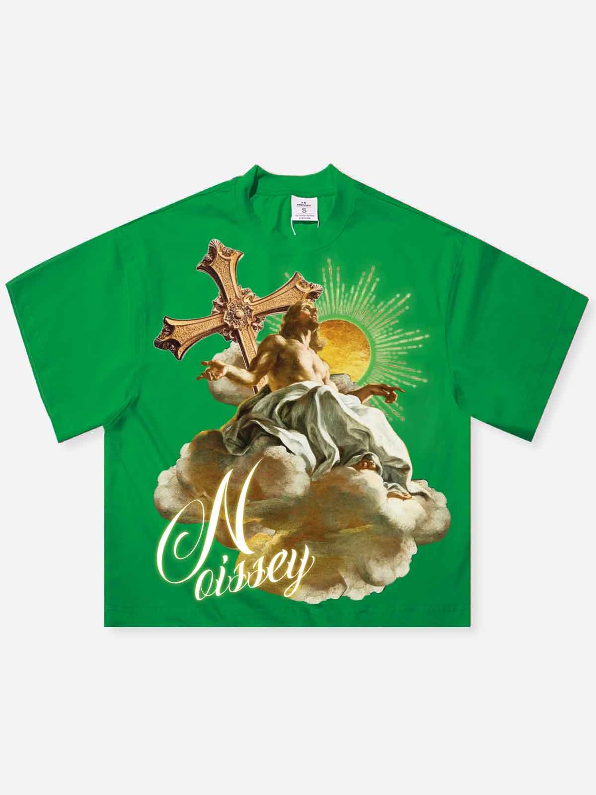 NOISSEY "Heavenly Light" Green Tee - Boxy Religion Graphic T-Shirt