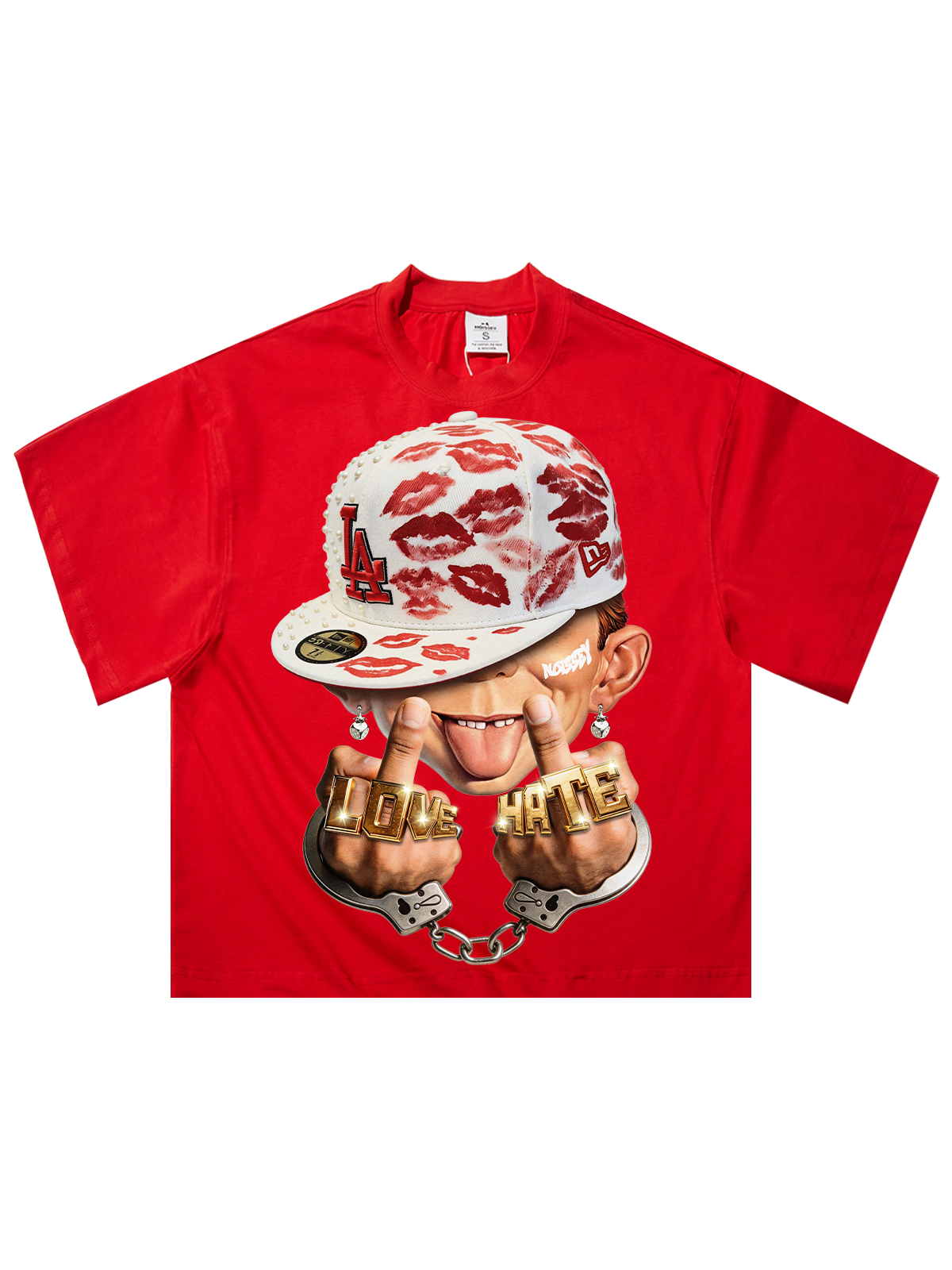 NOISSEY "LOVE HATE" Red Tee - Boxy Cartoon Print T-Shirt