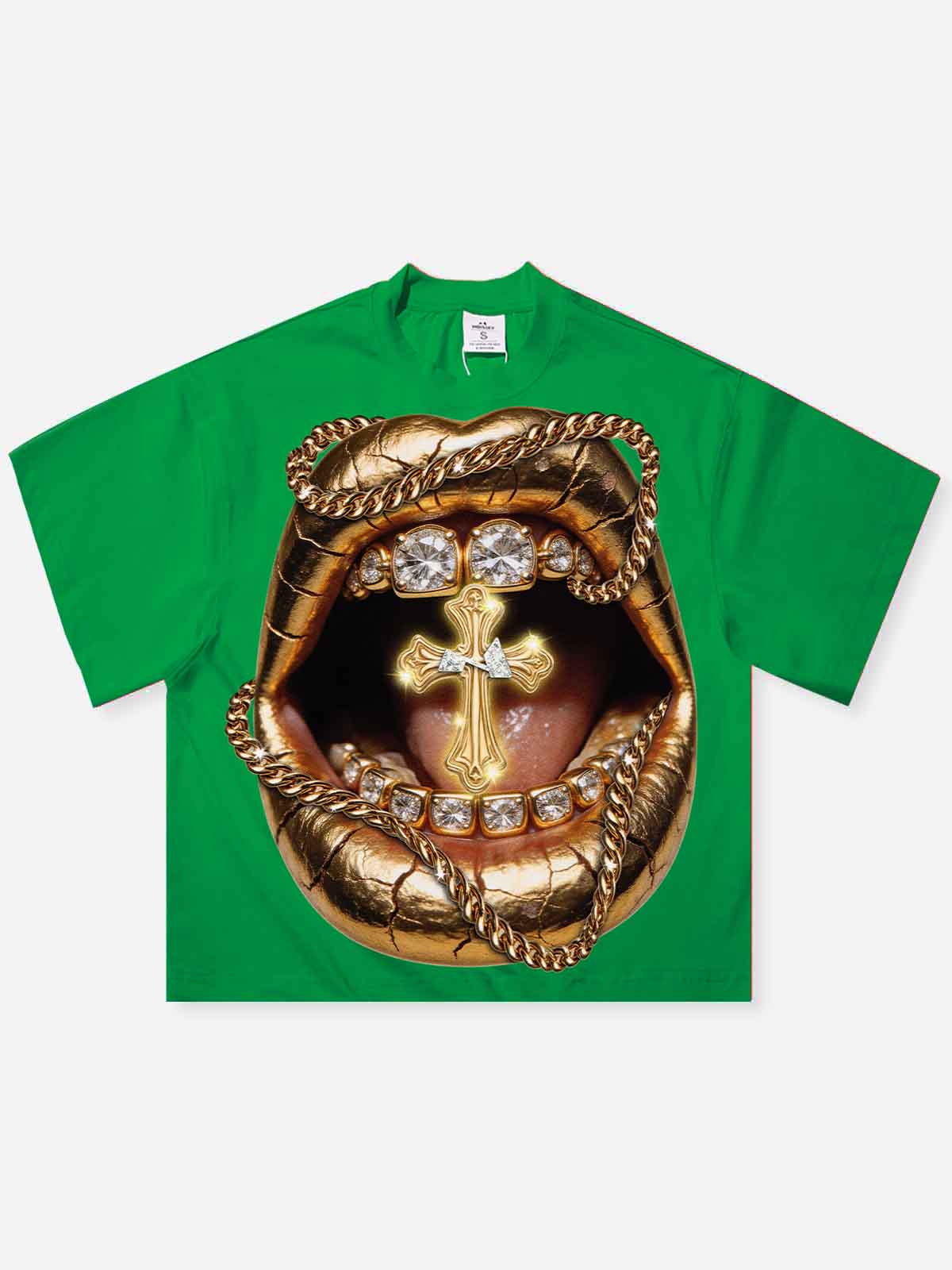 NOISSEY "Golden Cross" Green Tee - Boxy Lip Print T-Shirt
