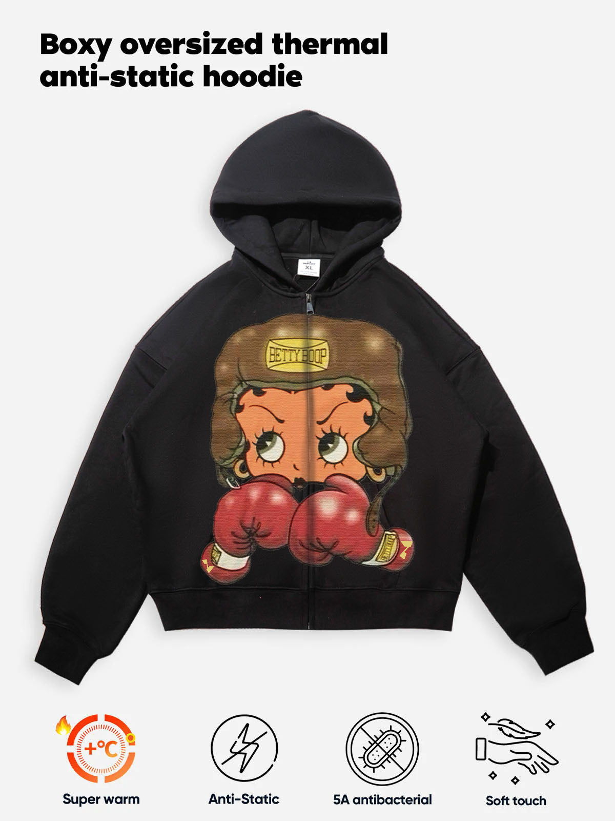 Vintage Betty Boop Boxing Graphic Hoodie - Y2K Aesthetic Boxy Zip-Up