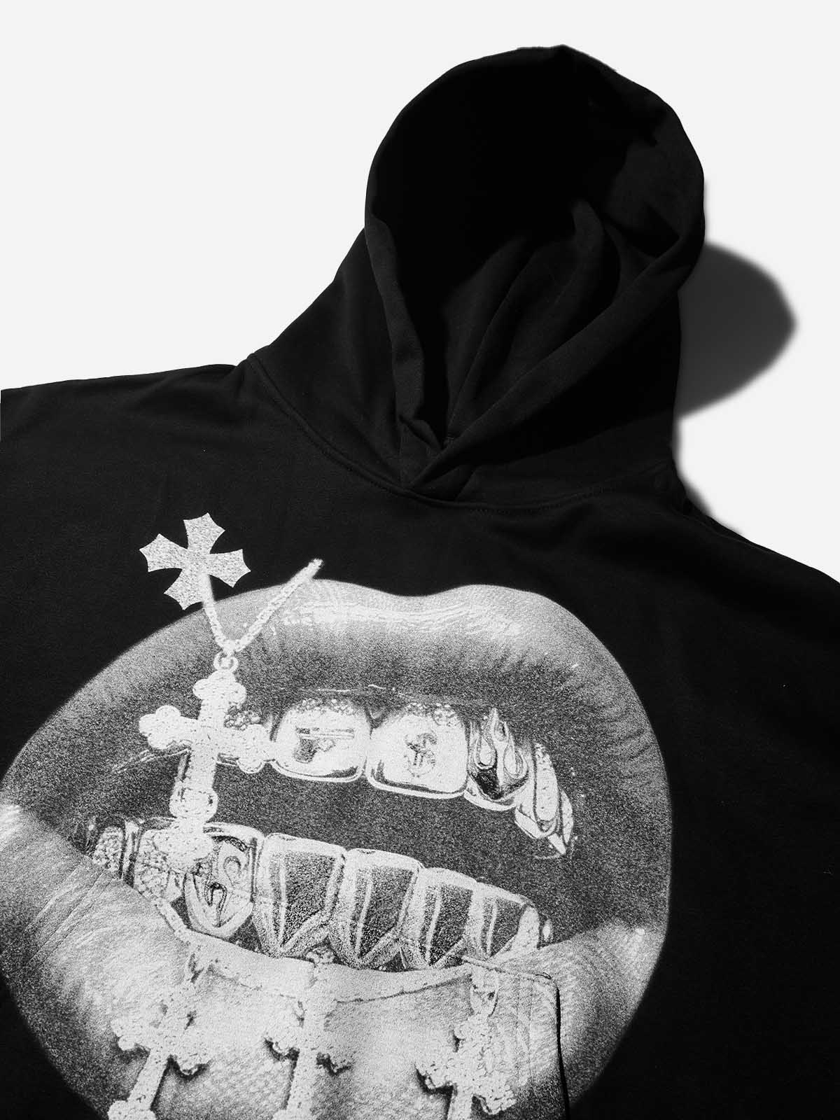 NOISSEY Cross Grillz Rhinestone Sleeve Thermal Hoodie