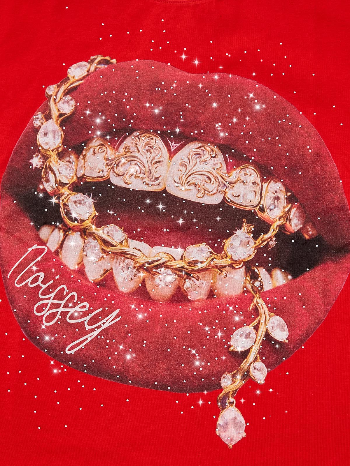 NOISSEY Y2K Bling Red Lips & Gold Chain Rhinestone T-Shirt - Red 255G Boxy Oversized Fit
