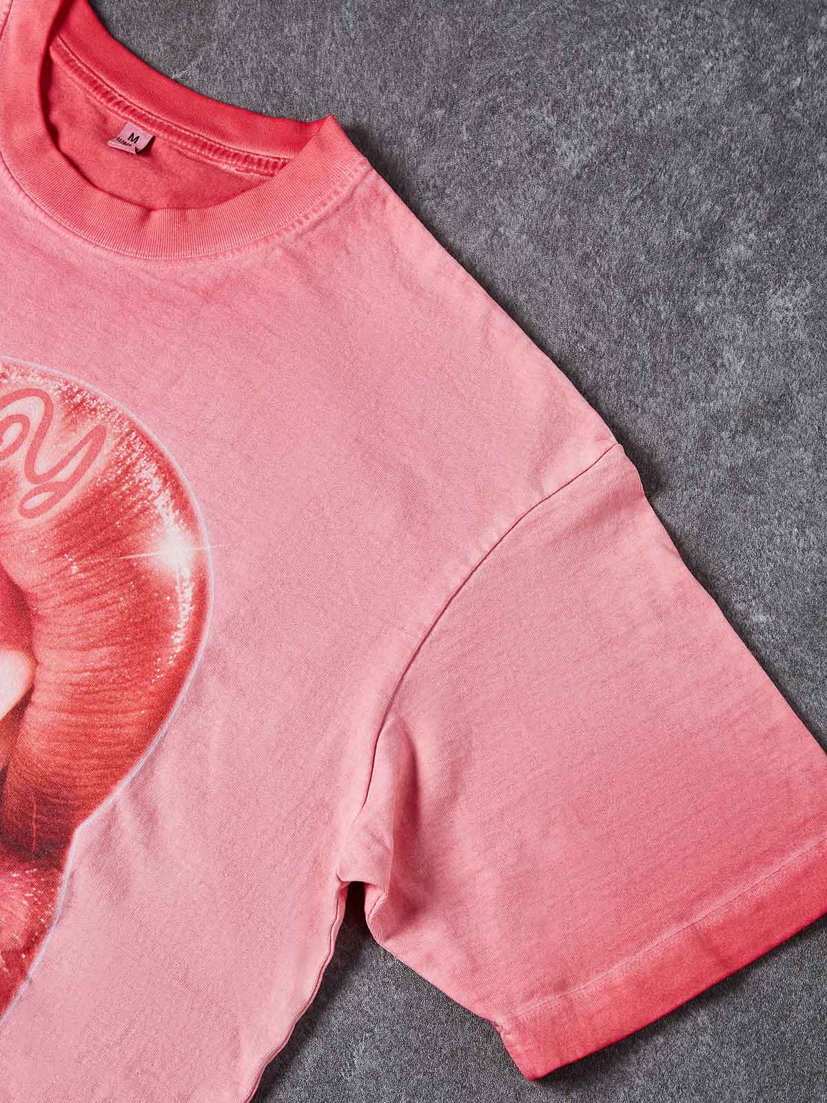 "CHERRY LIPS" GRILLZ SHIMMER TEE – VINTAGE PINK OVERSIZED STREETWEAR