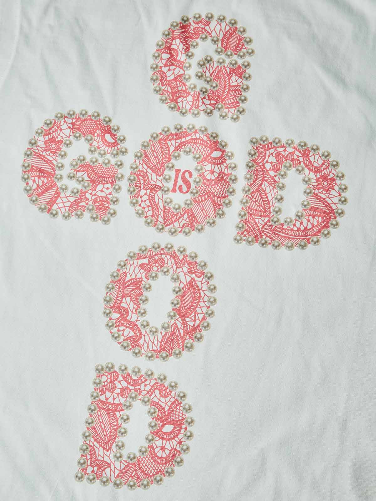 NOISSEY GOD IS GOOD! Lace Pearl Edge Print Tank Top