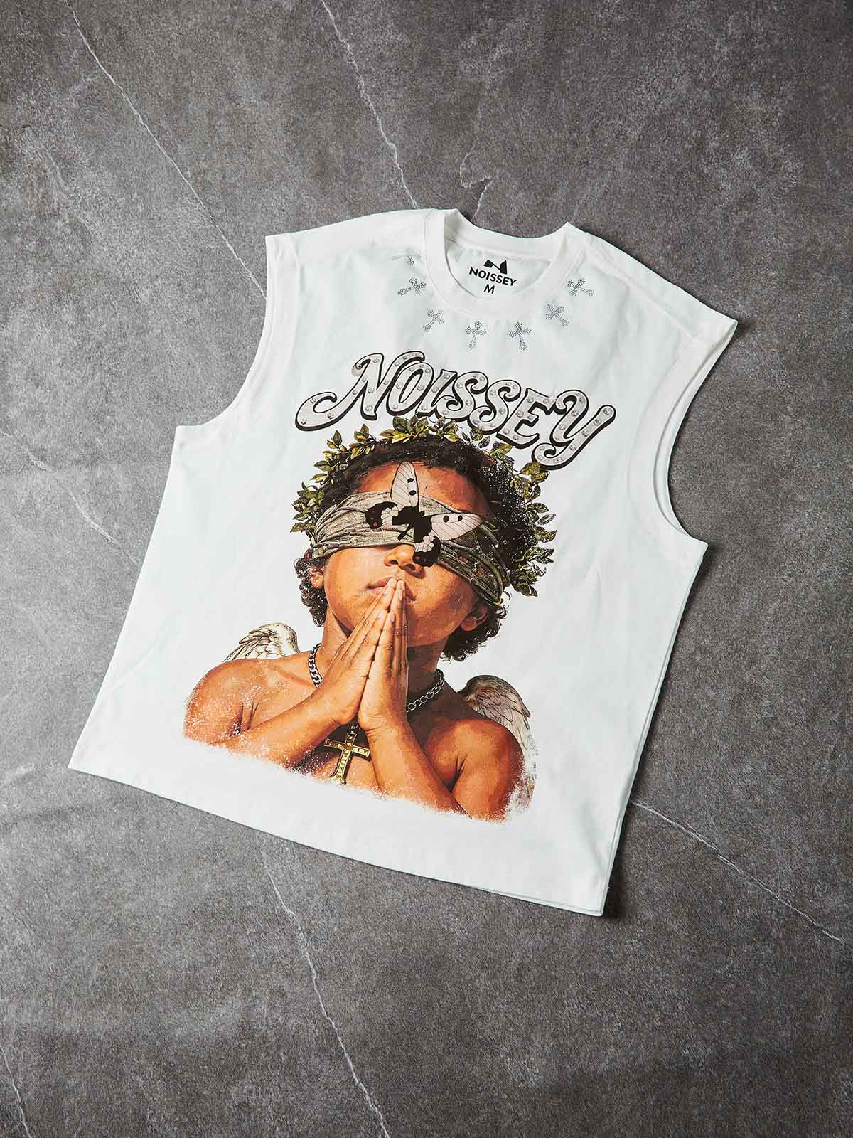 NOISSEY "Heavenly Vision" Rhinestone Angel Tank top- Heavyweight Graphic Streetwear - Optic White
