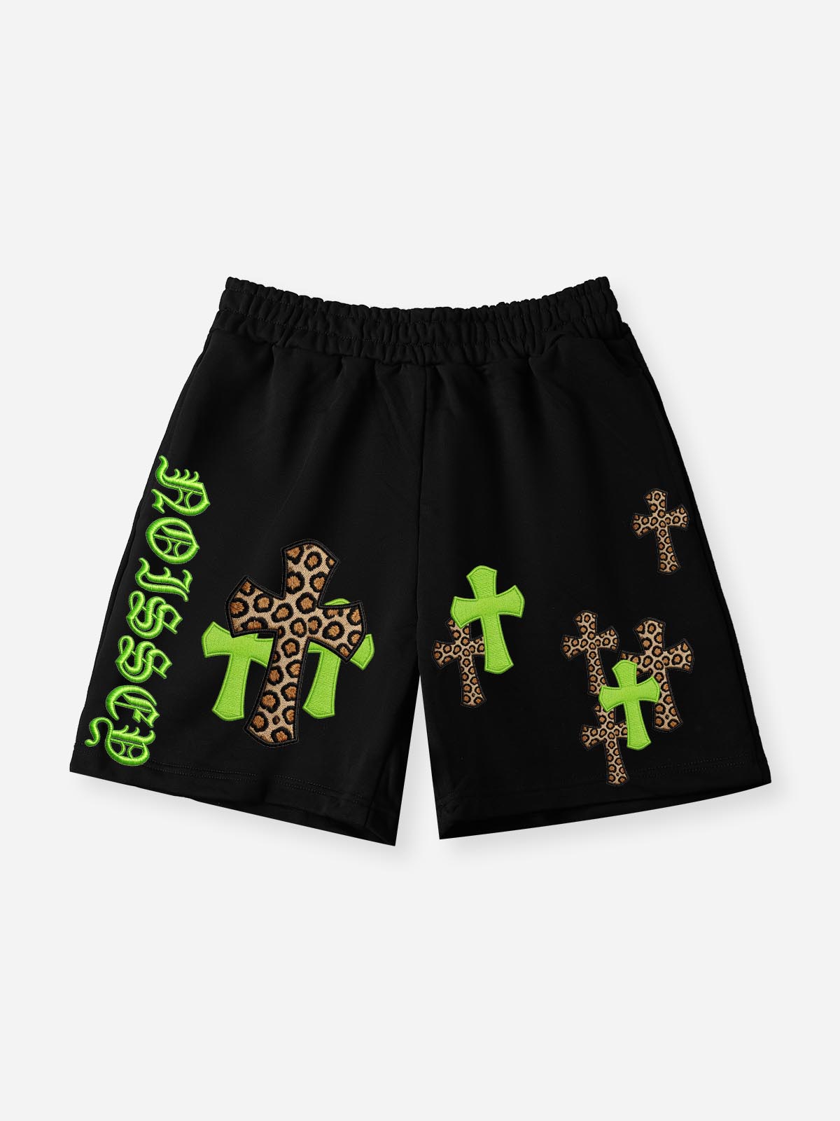 NOISSEY "LEOPARD CROSS" NEON GREEN EMBROIDERED SHORTS