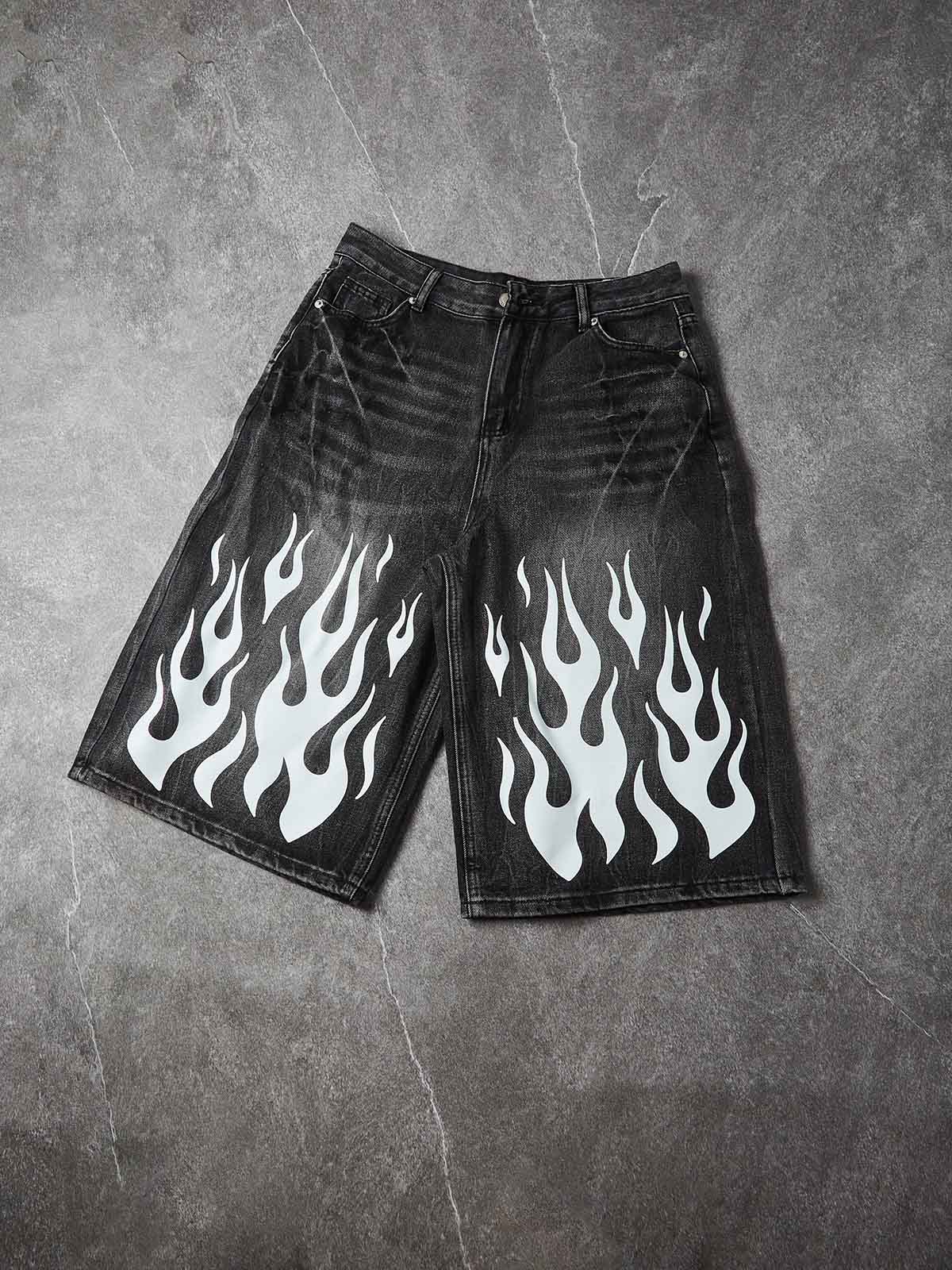 NOISSEY "White Flame" Graphic Distressed Heavyweight Denim Shorts