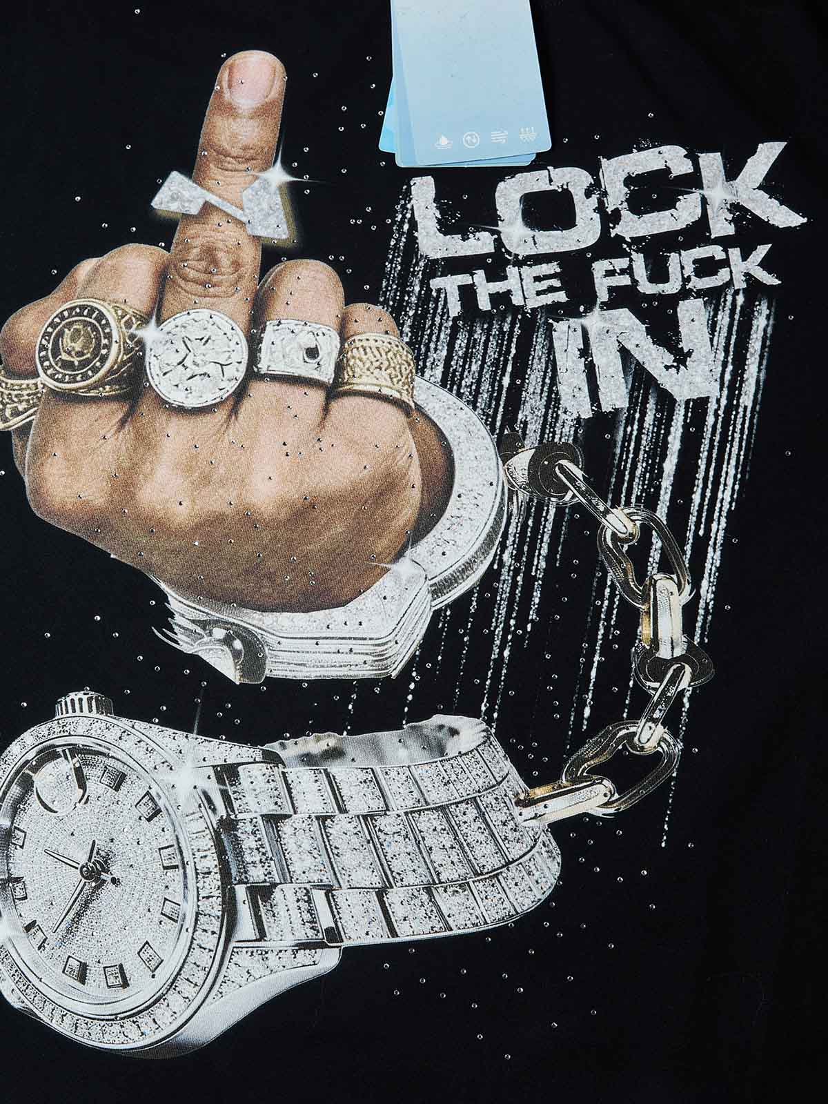 NOISSEY "LOCK THE FUCK IN" ICED OUT LUXURY GRAPHIC OVERSIZED T-SHIRT