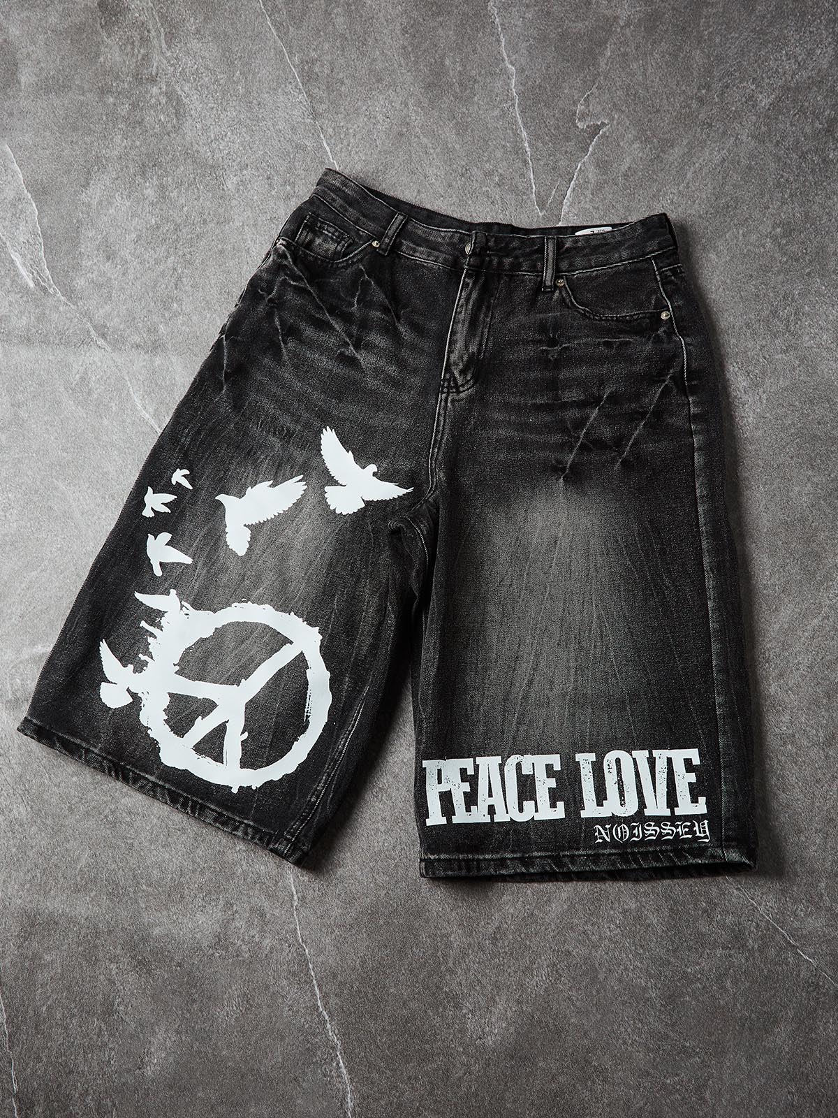 NOISSEY "PEACE & LOVE" Dove Anti-War Graphic Distressed Denim Shorts