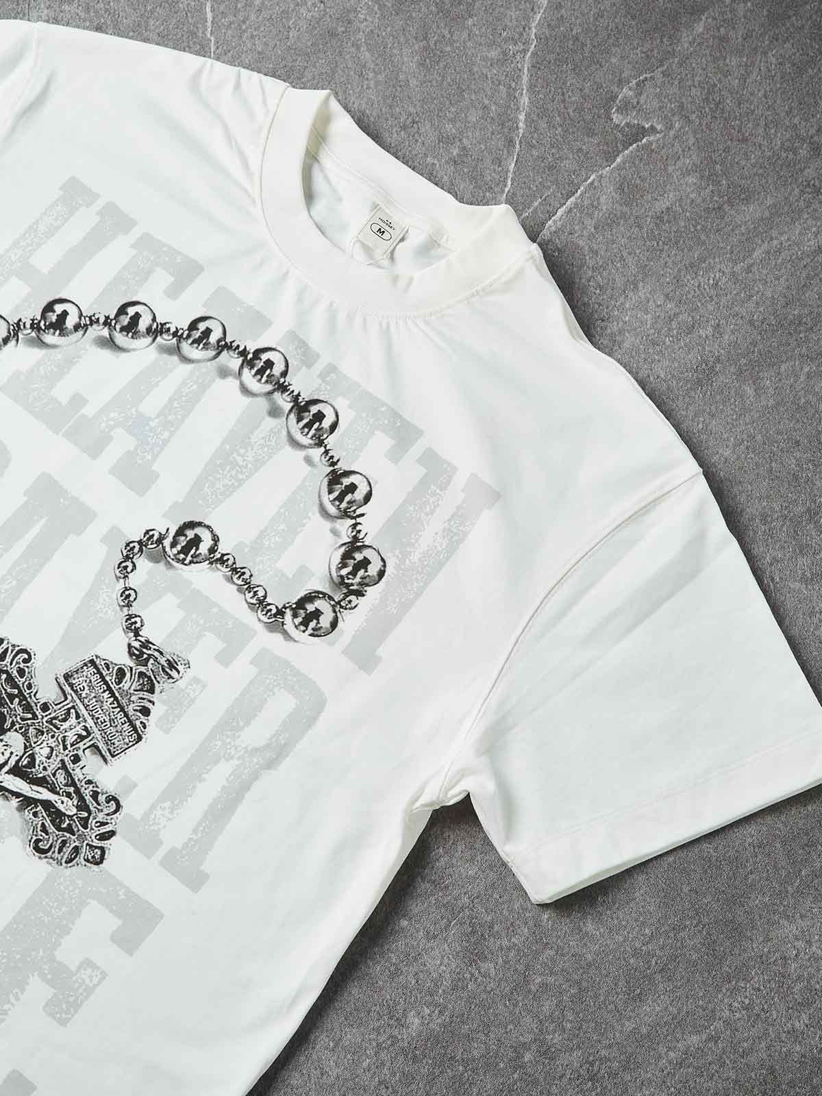 NOISSEY "Heaven Prayer Time" Rosary Graphic Little Oversize Tee - White