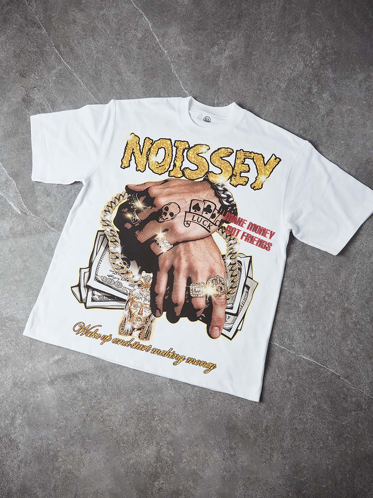 NOISSEY "Make Money Not Friends" Money Hands Gold Diamond Art Graphic Heavyweight T-Shirt