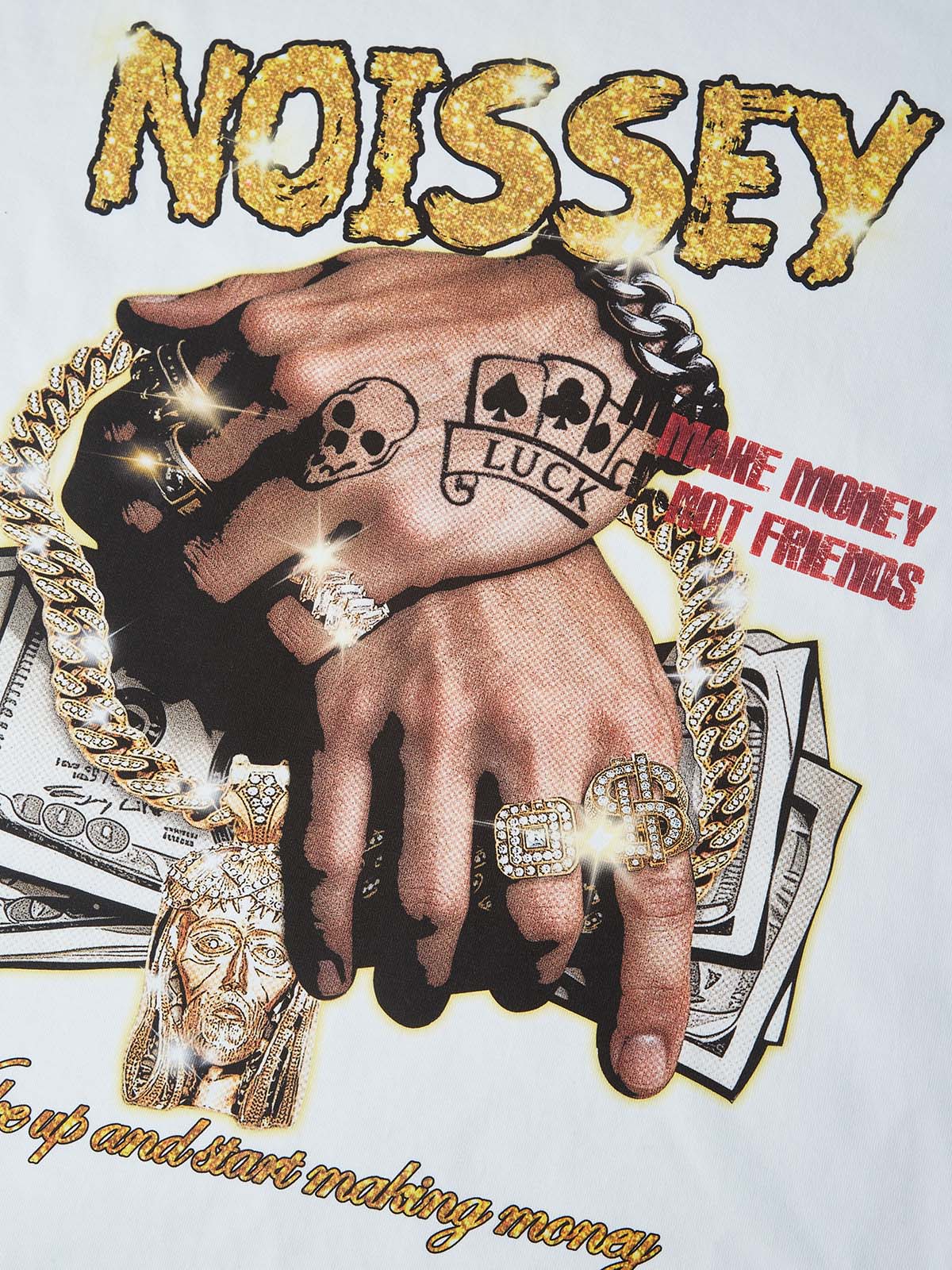NOISSEY "Make Money Not Friends" Money Hands Gold Diamond Art Graphic Heavyweight T-Shirt