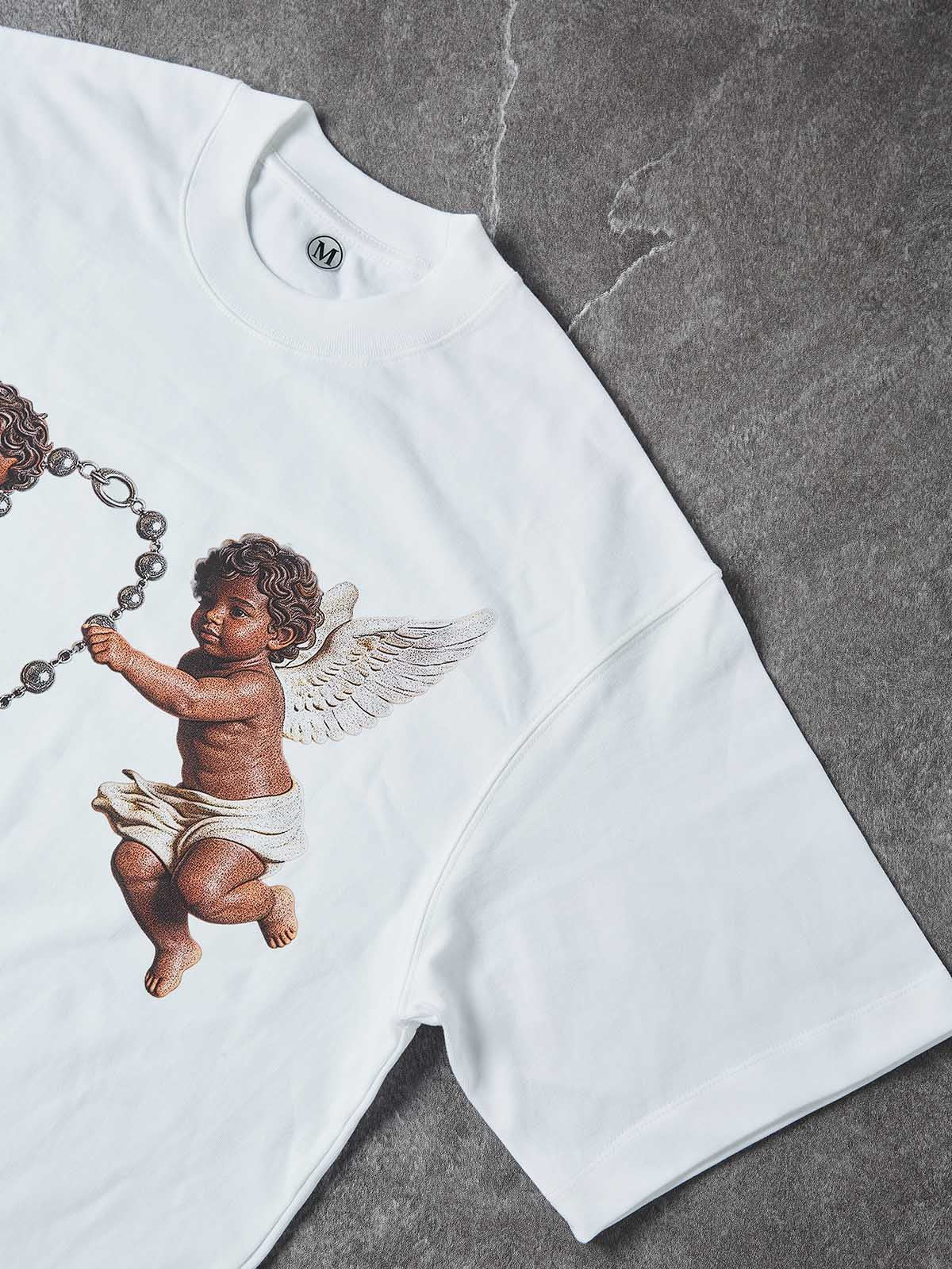 NOISSEY "Cherub Divine Faith" Vintage Angel Art Print Heavyweight T-Shirt - Pure White