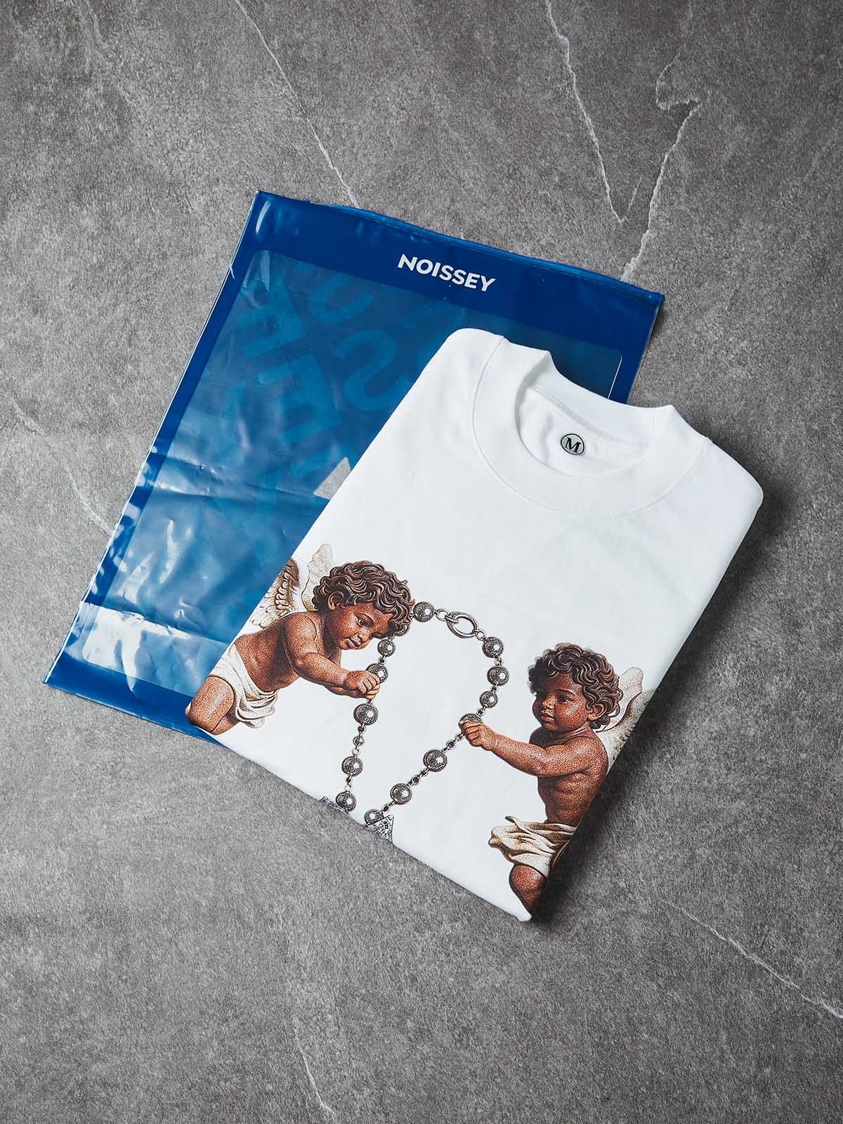 NOISSEY "Cherub Divine Faith" Vintage Angel Art Print Heavyweight T-Shirt - Pure White