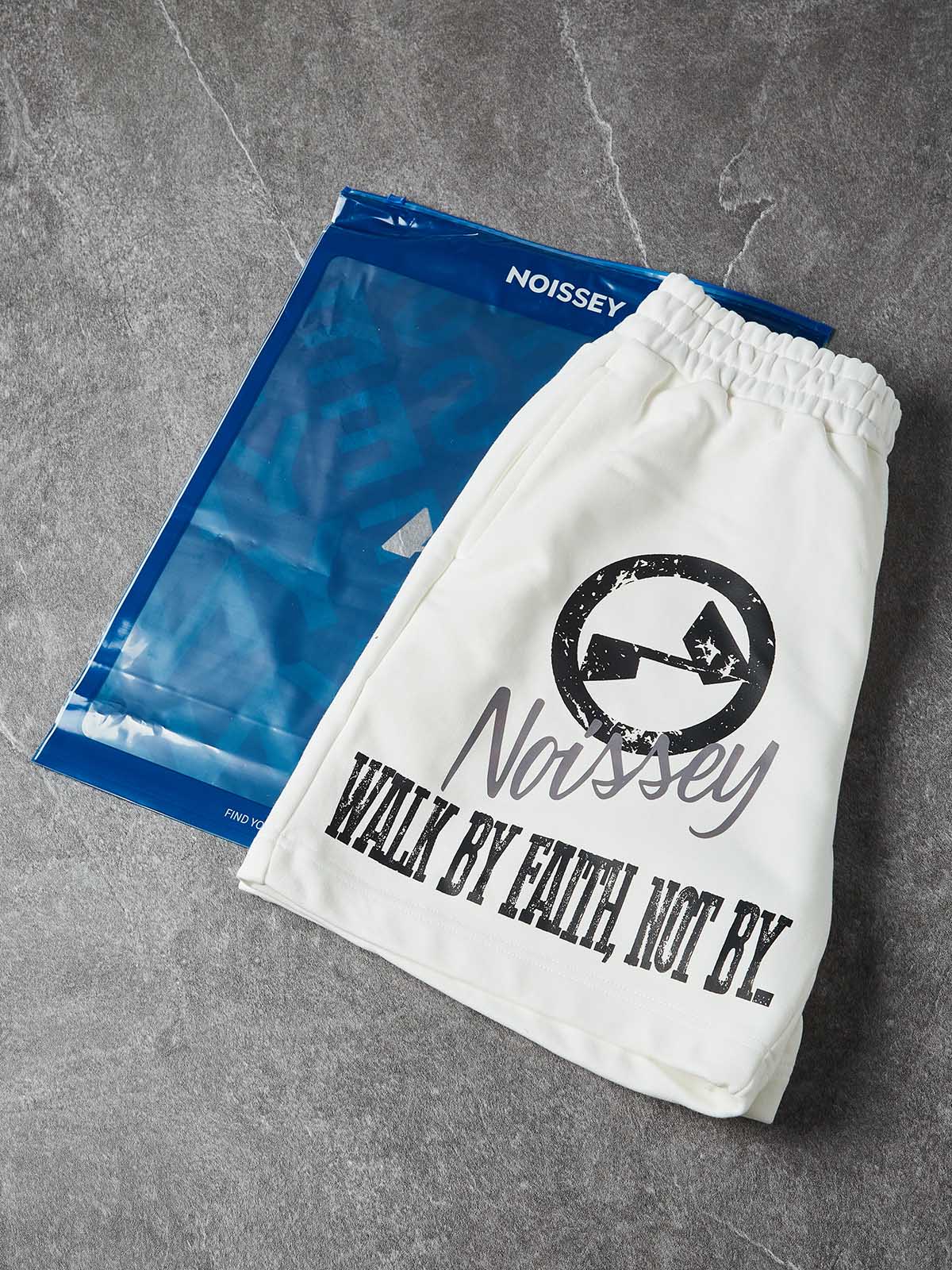 NOISSEY "WALK BY FAITH" Monochrome Graphic Artwork Relaxed Shorts - Pure White