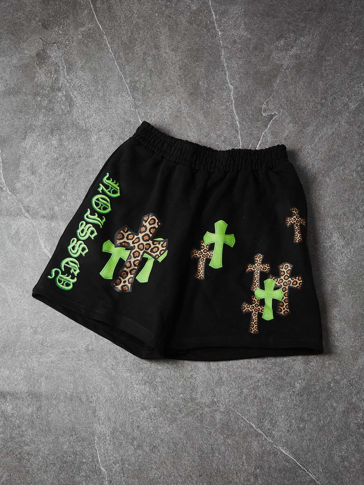 NOISSEY "LEOPARD CROSS" NEON GREEN EMBROIDERED SHORTS