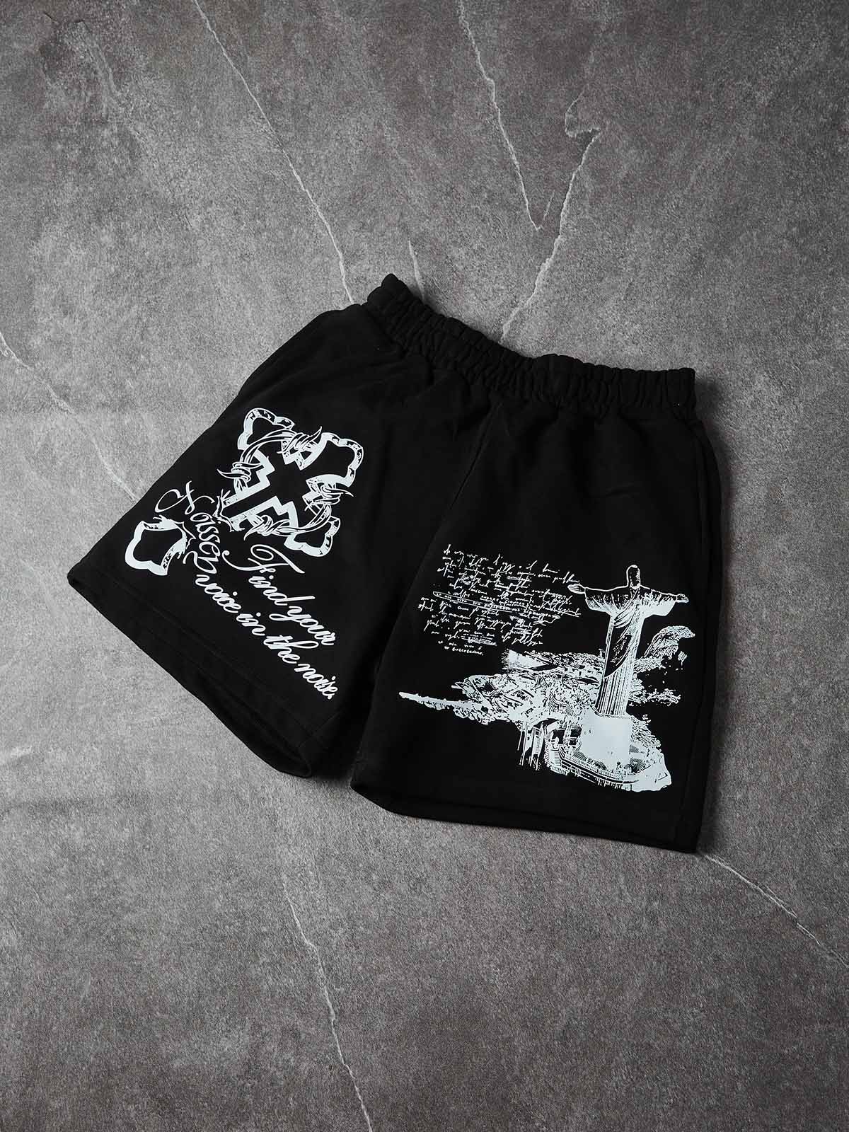 NOISSEY Waters of Faith Christ Cross Art Distressed Print Shorts-Onyx Black